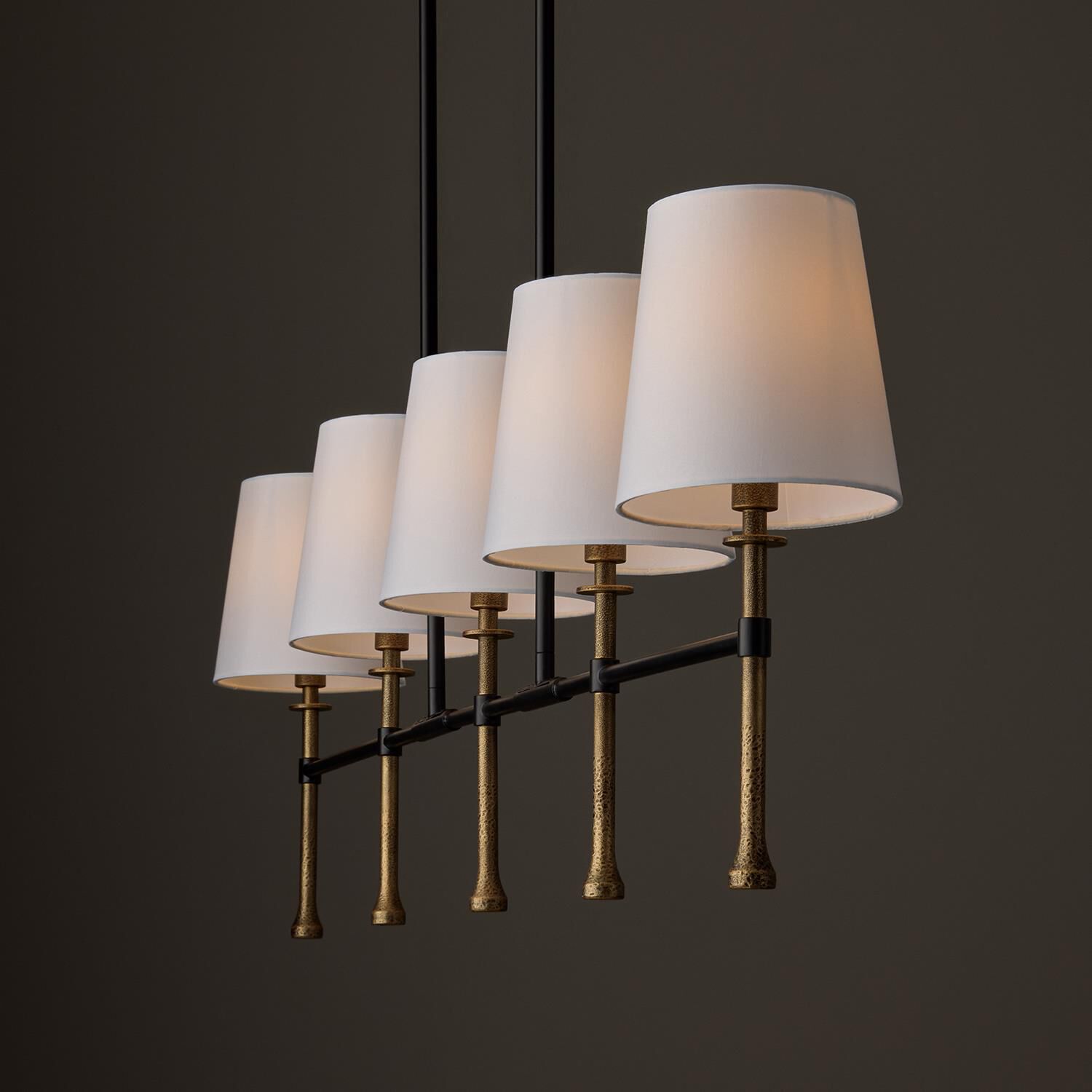 Shown in Matte Black With Hammered Gold finish and White Fabric shade