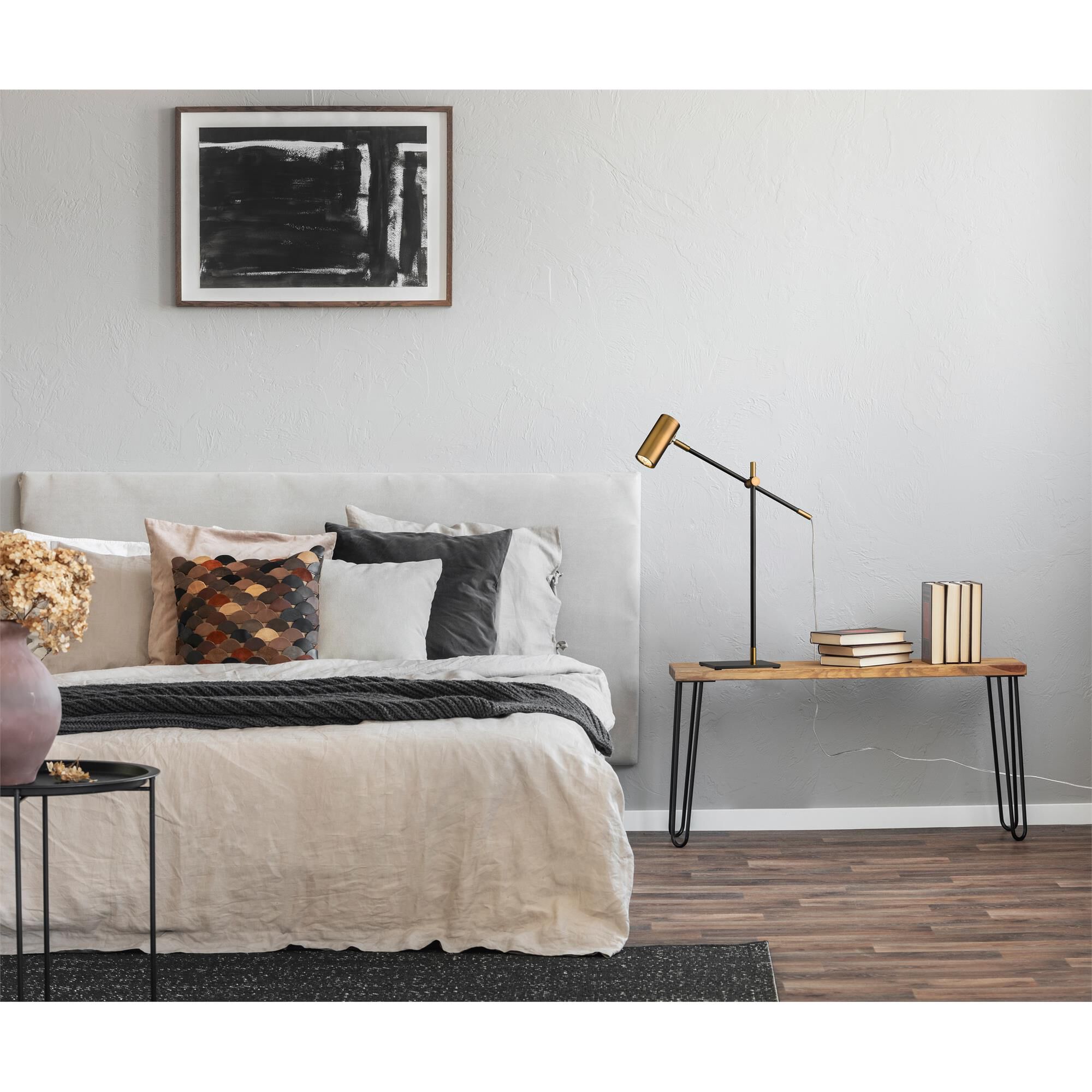 Shown in Matte Black and Olde Brass finish and Aluminum shade
