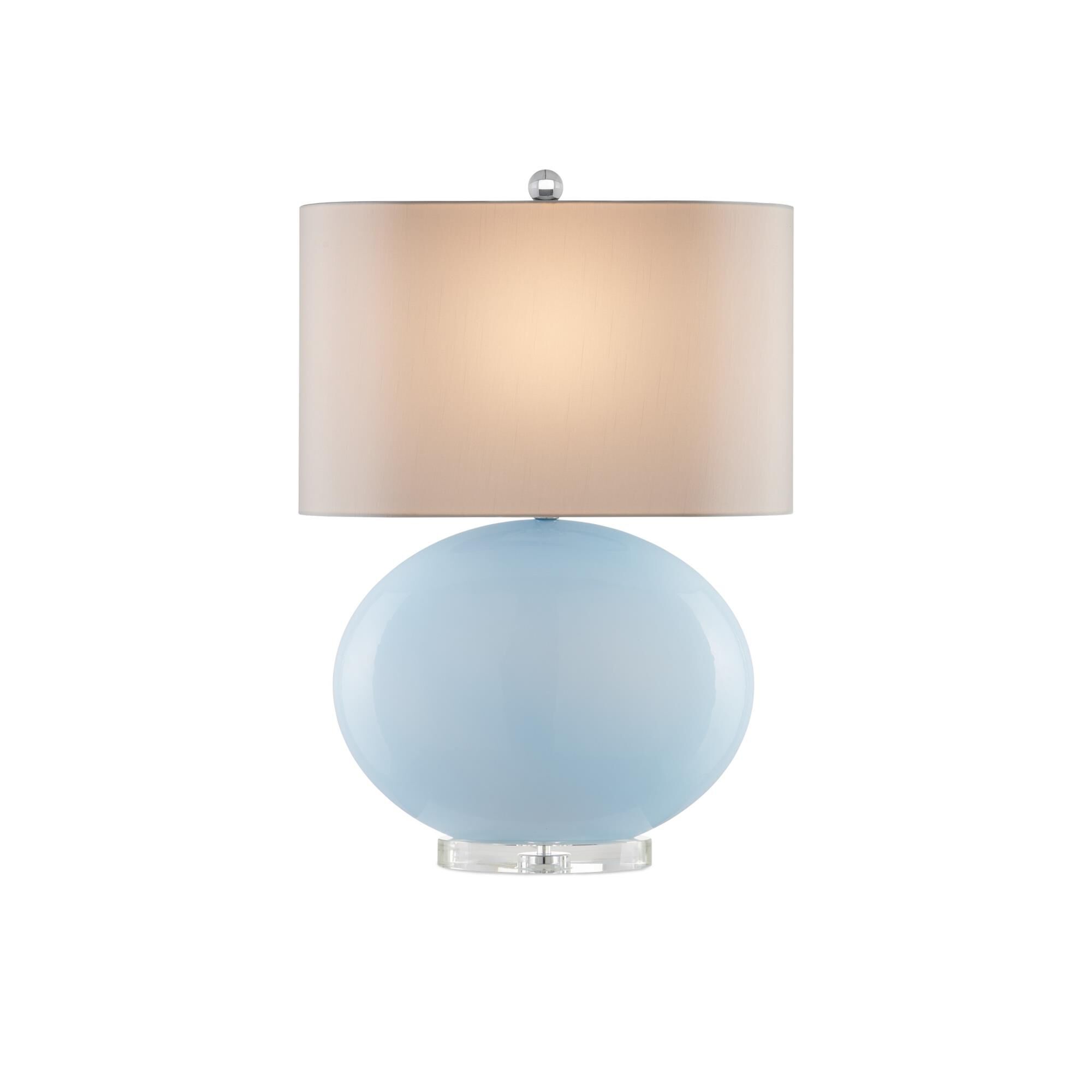 Shown in Light Blue, Clear, Polished Nickel finish and Off-White Shantung shade