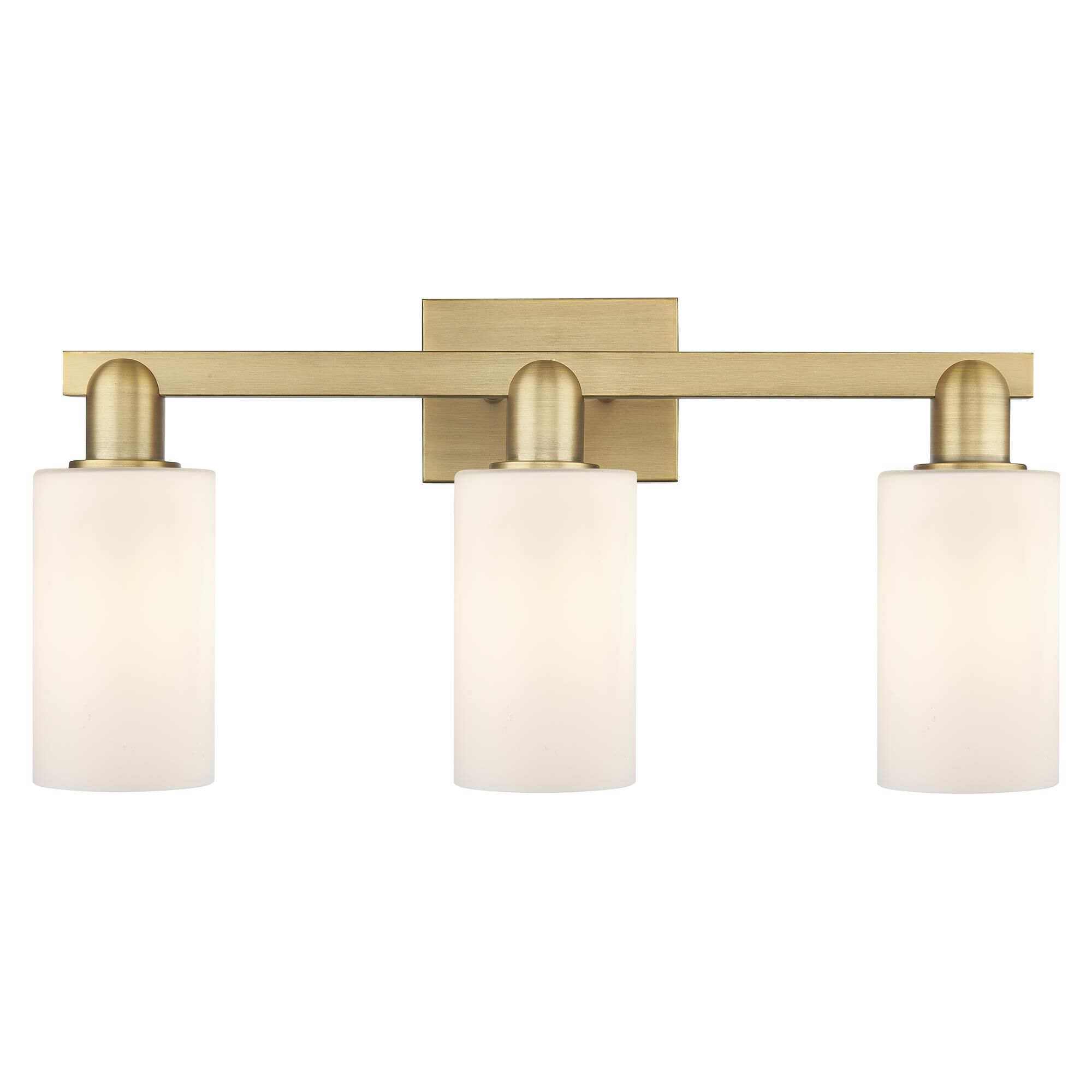 Shown in Brushed Brass finish and Matte White glass