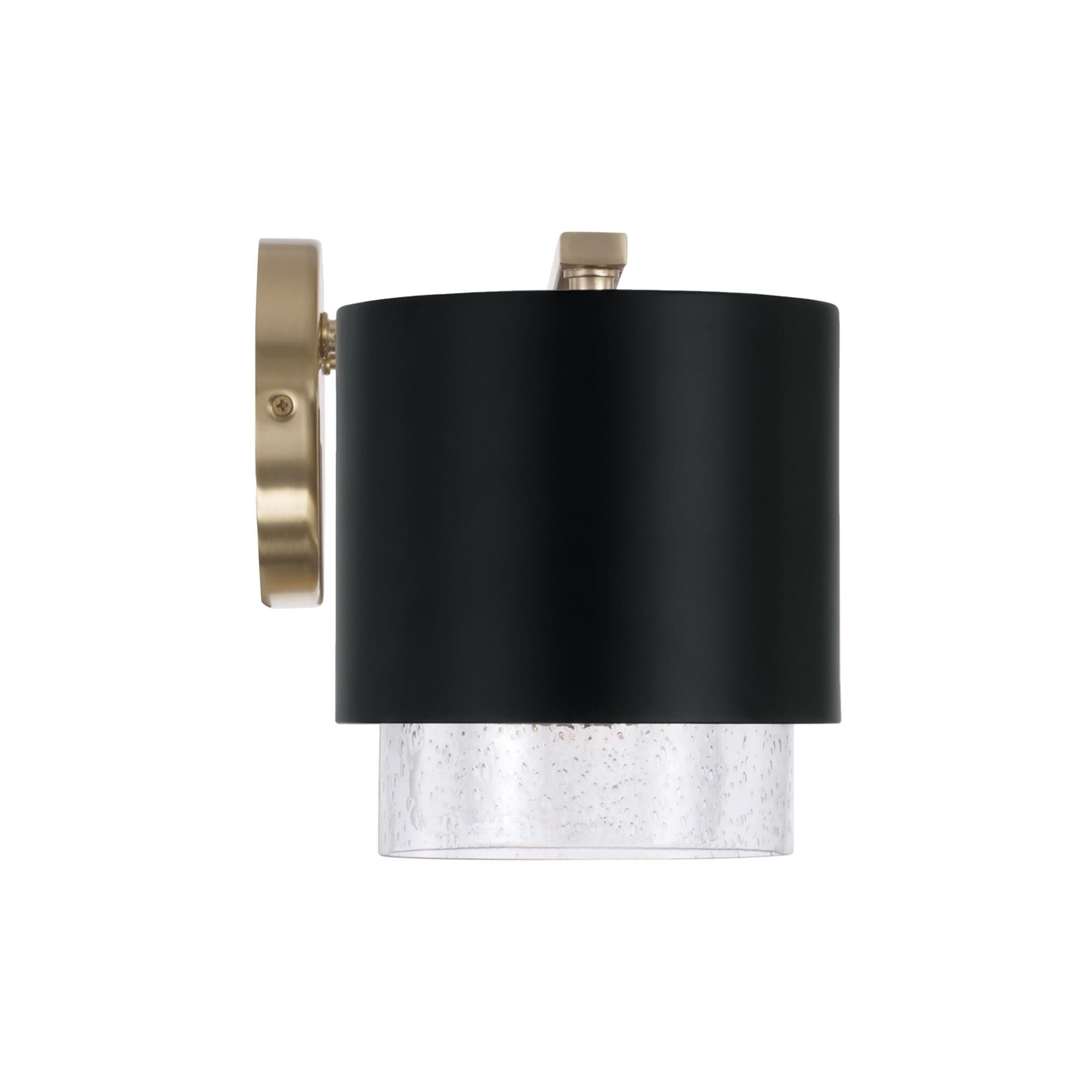 Shown in Matte Brass and Black finish and Clear Seeded glass and Metal with Brass Interior shade