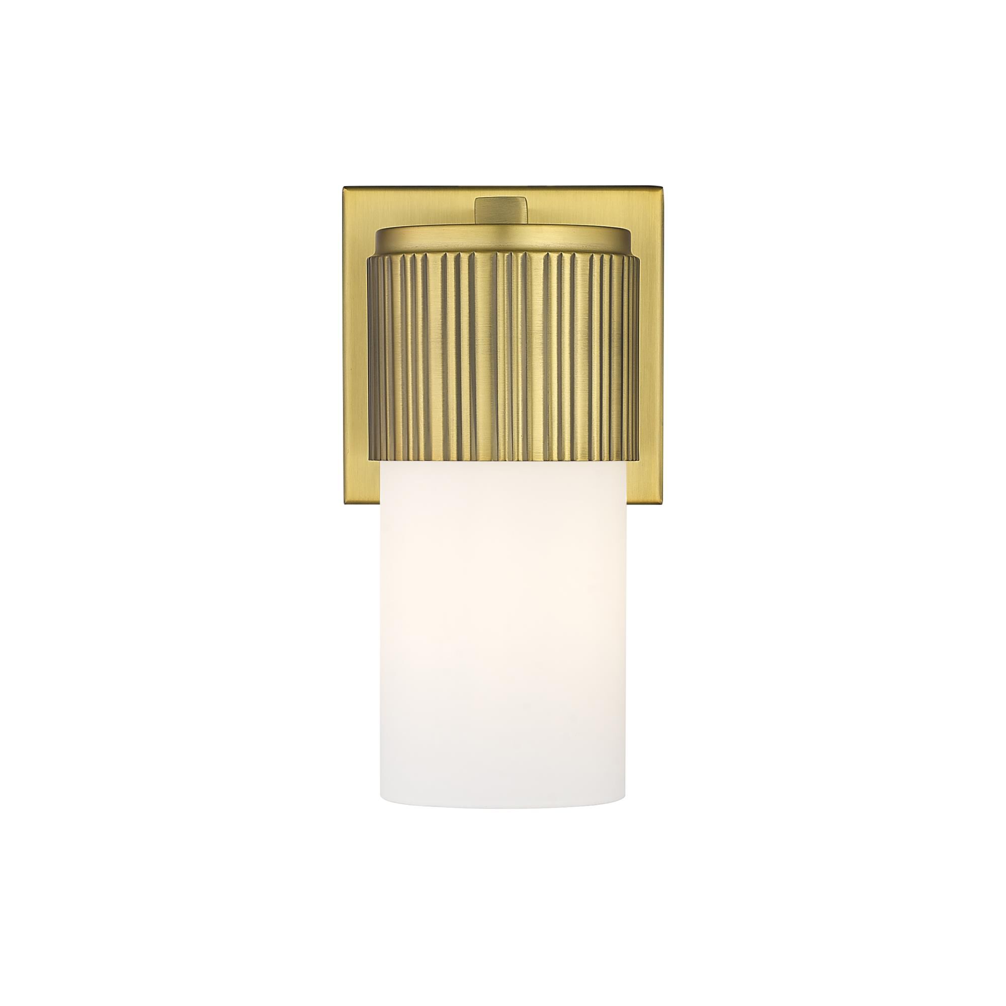 Shown in Brushed Brass finish and Matte White glass