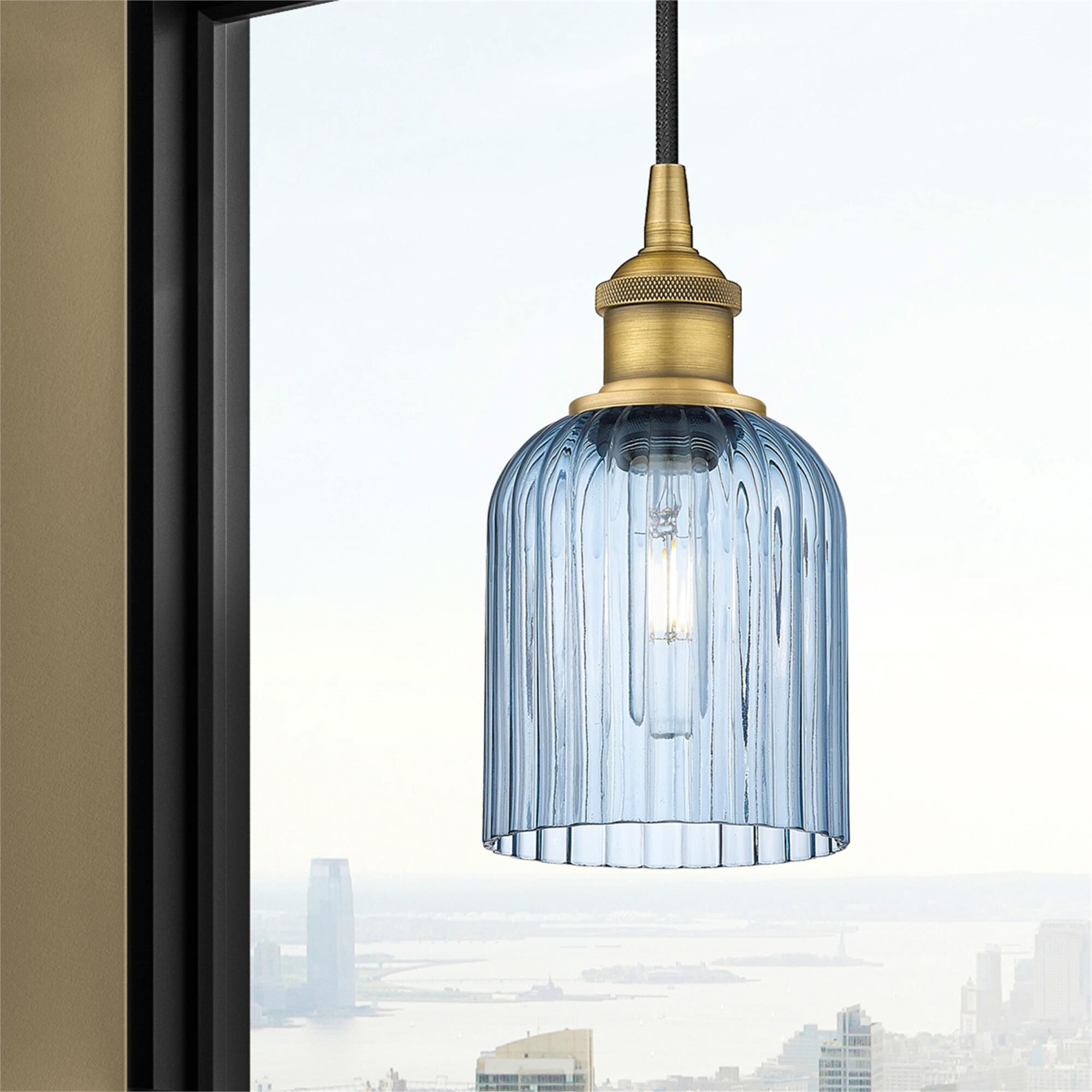 Shown in Brushed Brass finish and Princess Blue glass