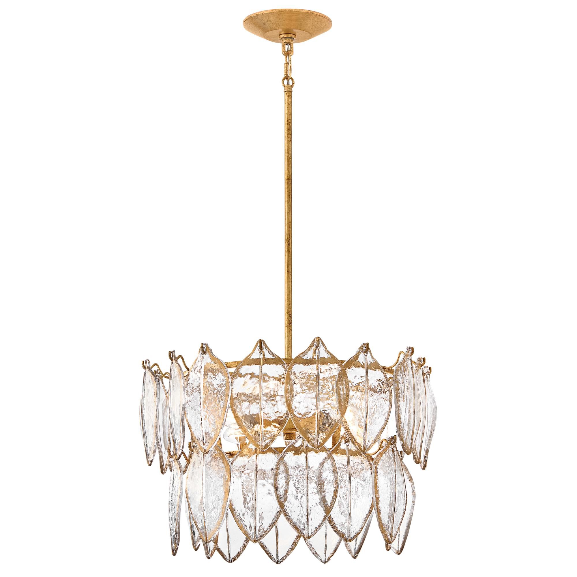 Shown in Distressed Brass finish and Clear Pressed glass