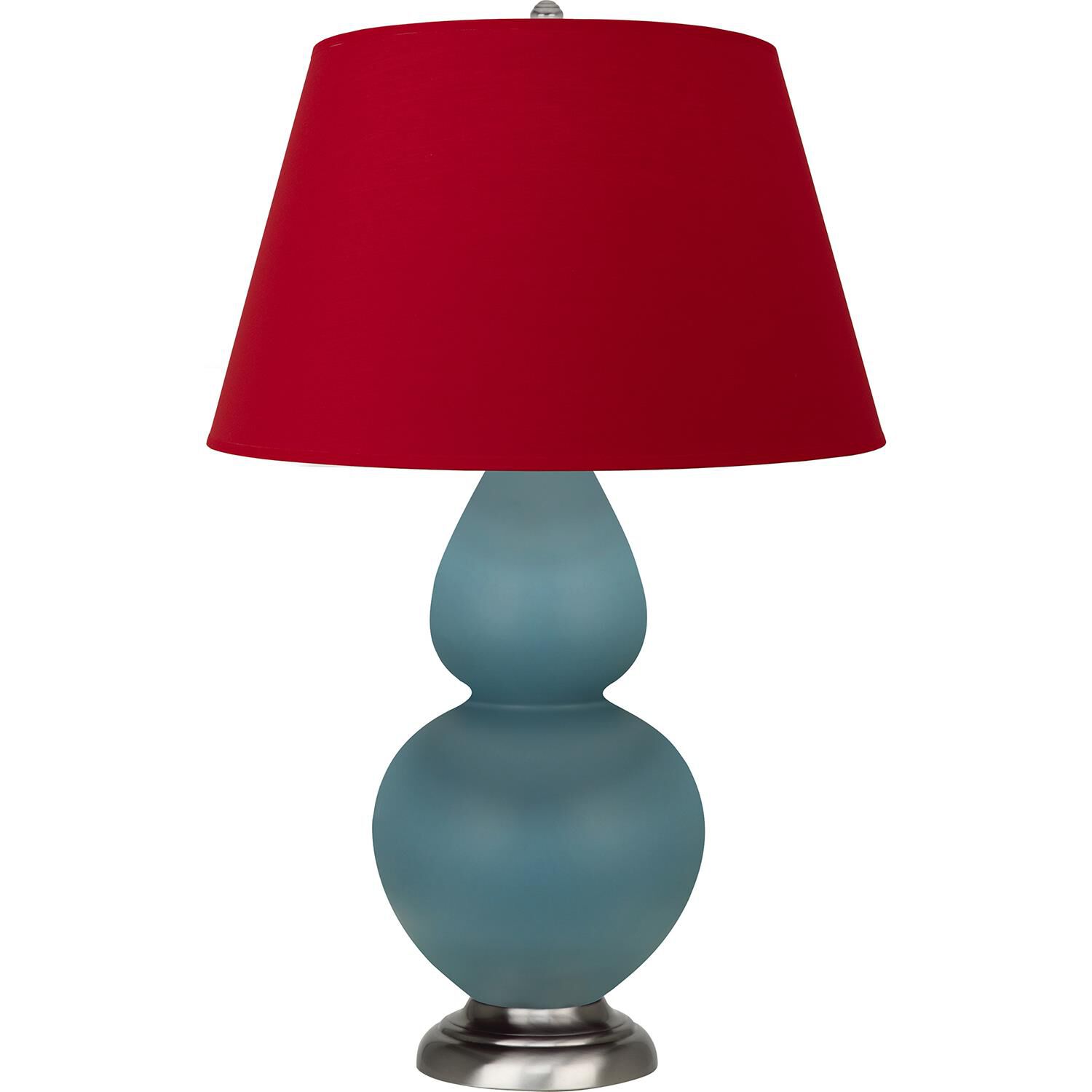 Shown in Matte Steel Blue finish and Black and Red shade and Antique Silver accent