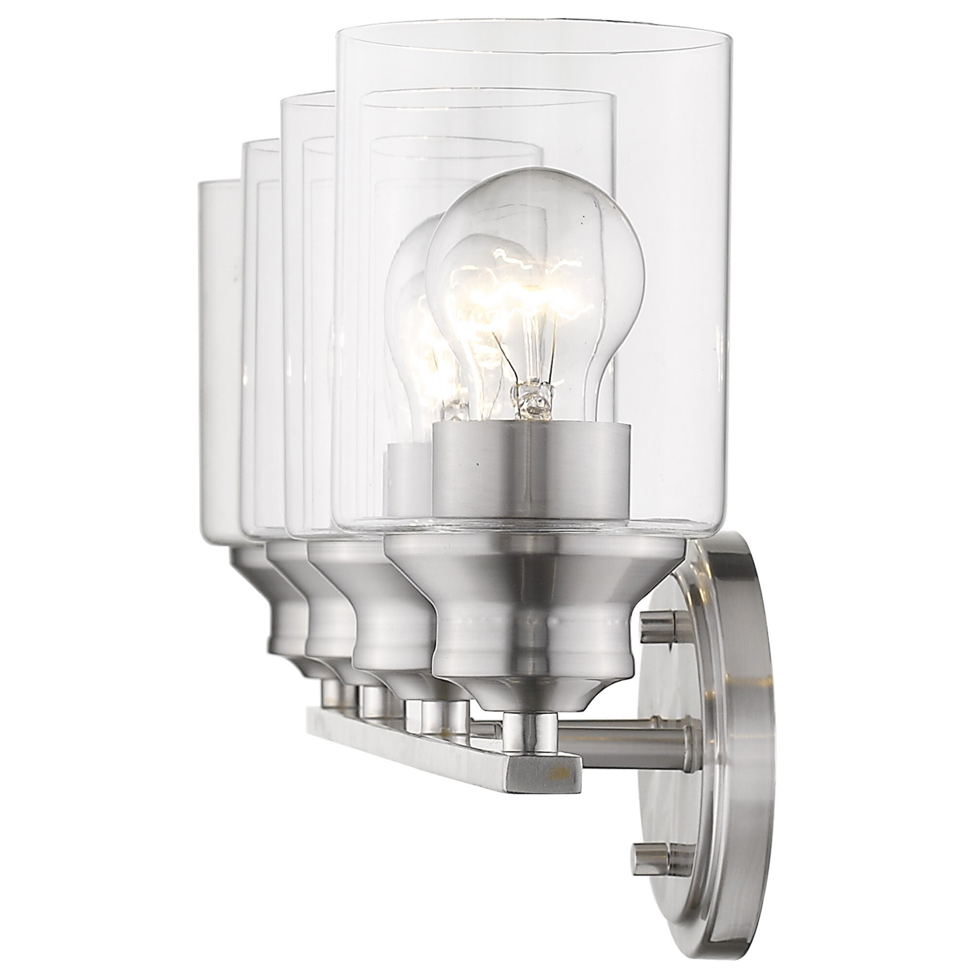 Shown in Satin Nickel finish and Clear glass and Clear, Cylindrical Glass s shade