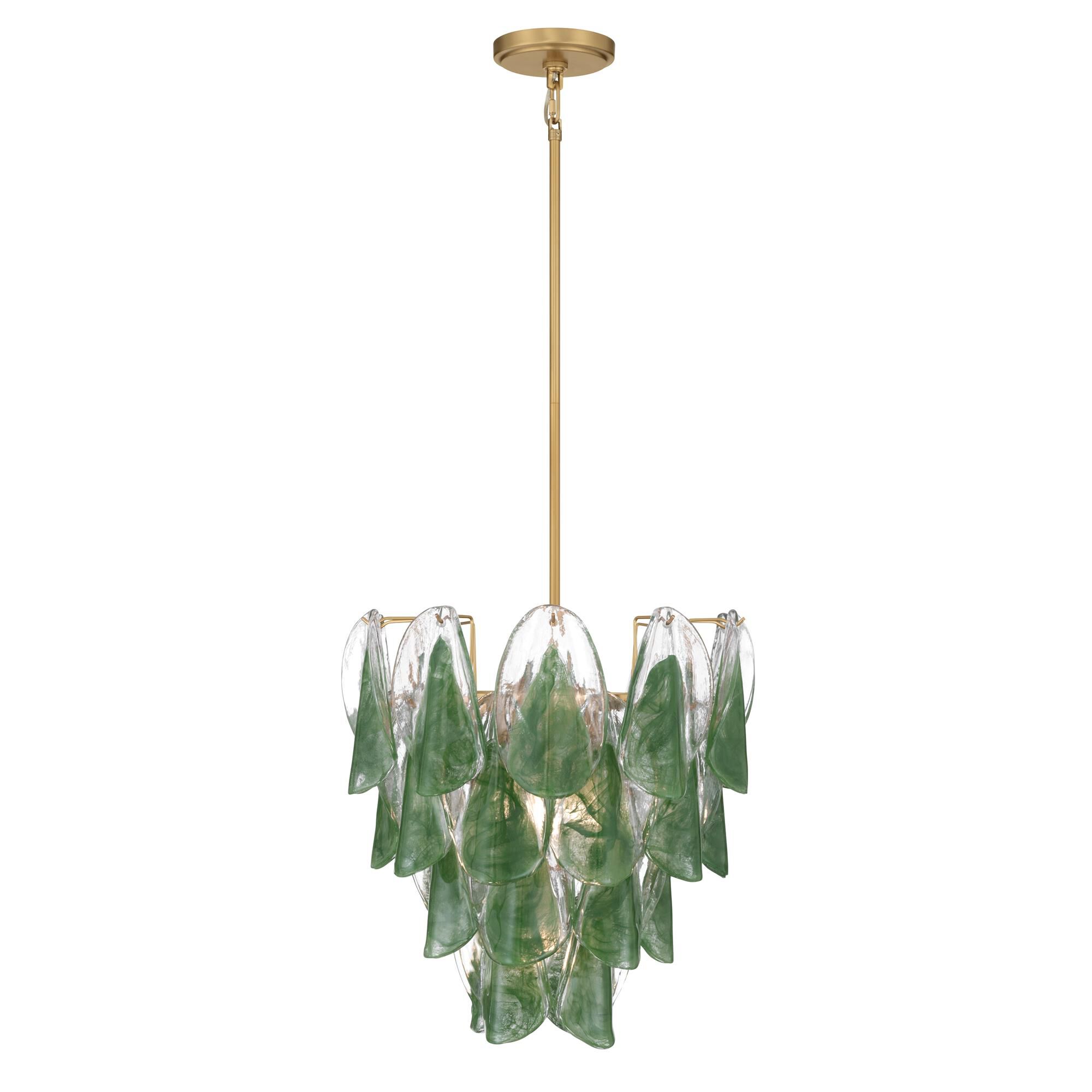 Shown in Legacy Brass finish and Green and Clear Hand-Formed glass