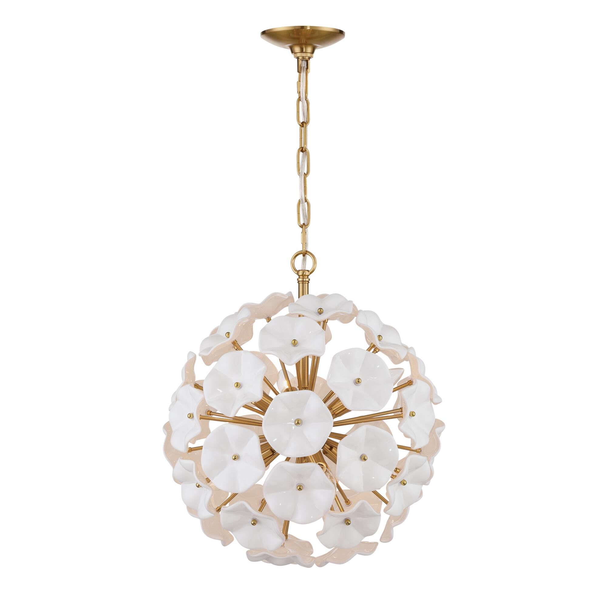 Shown in Aged Brass finish and Floral Glass Petals crystal