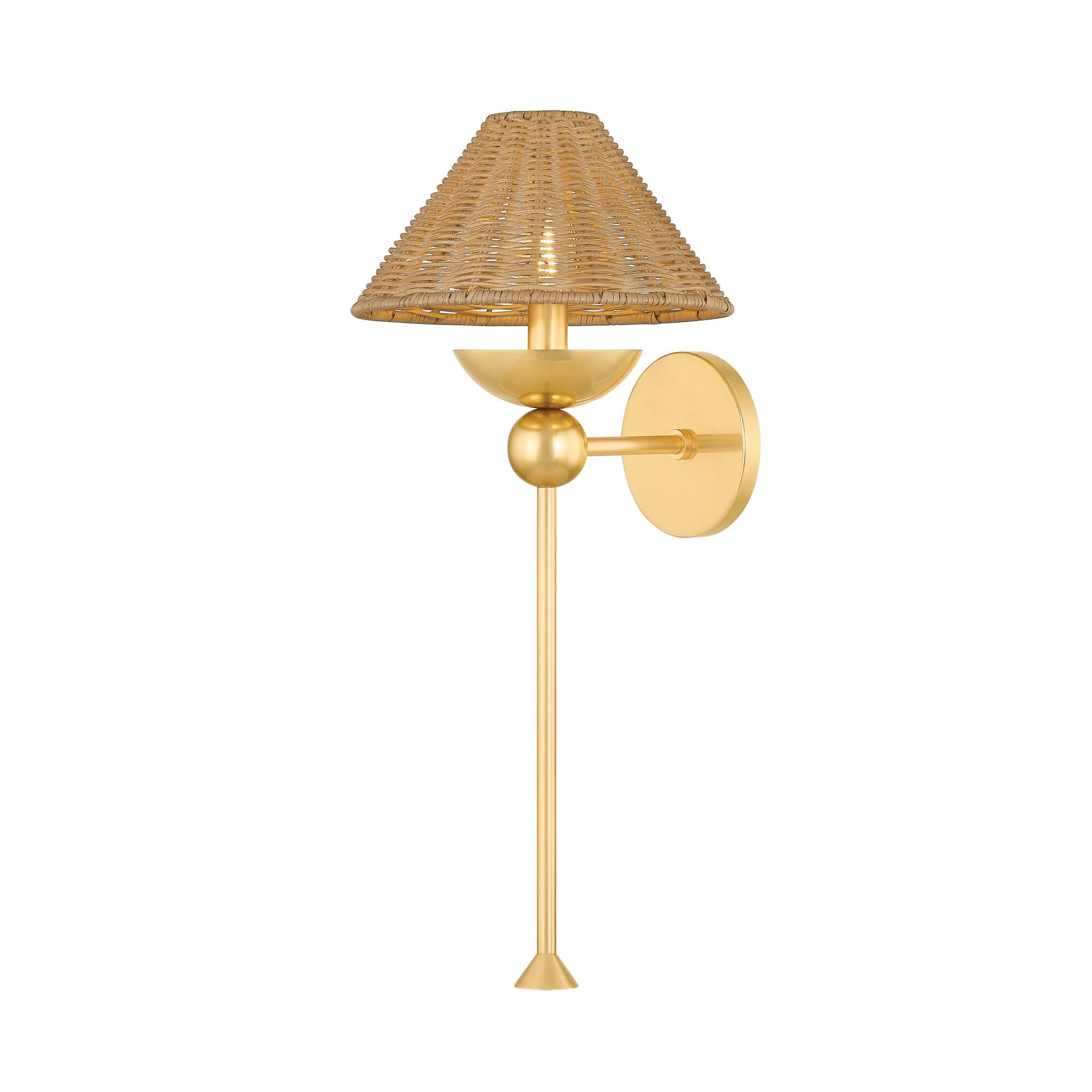 Shown in Aged Brass finish and Natural Woven shade