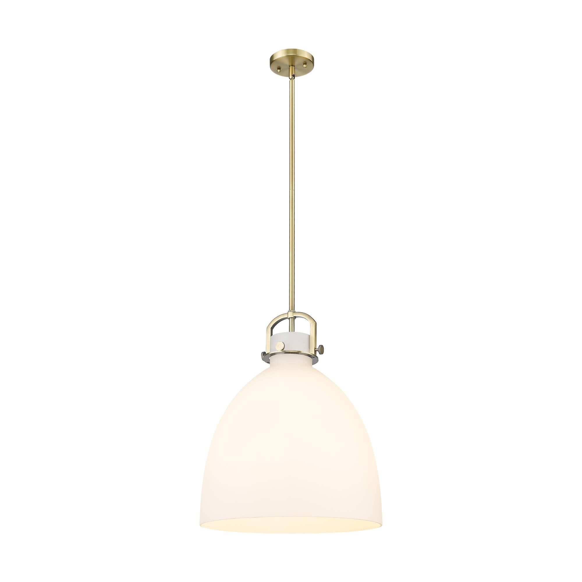Shown in Brushed Brass finish and Matte White glass