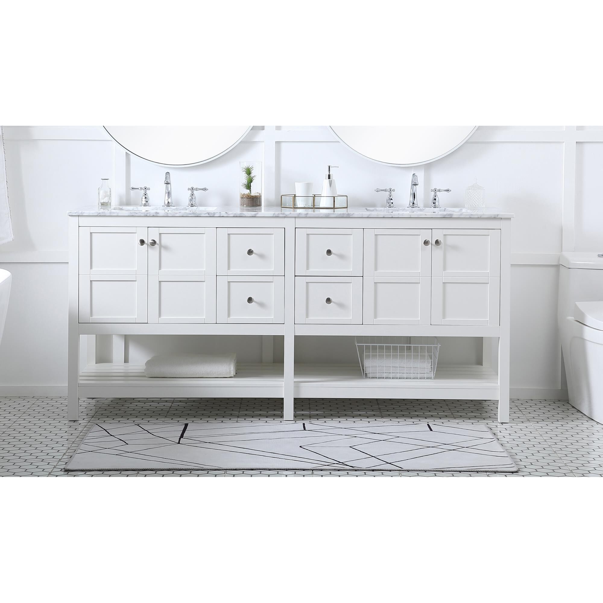 Shown in White And Brushed Nickel With Carrara White Marble finish