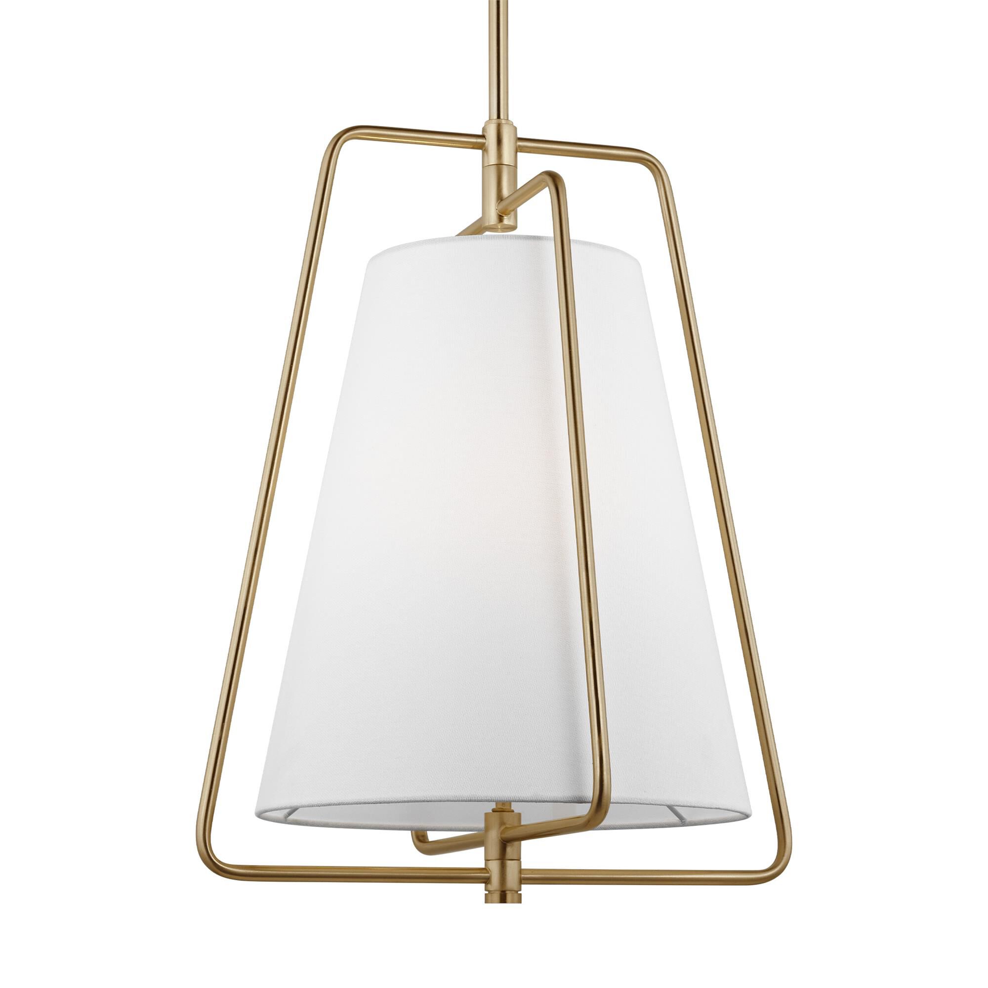 Shown in Satin Brass finish and White Linen glass and White Linen Fabric shade