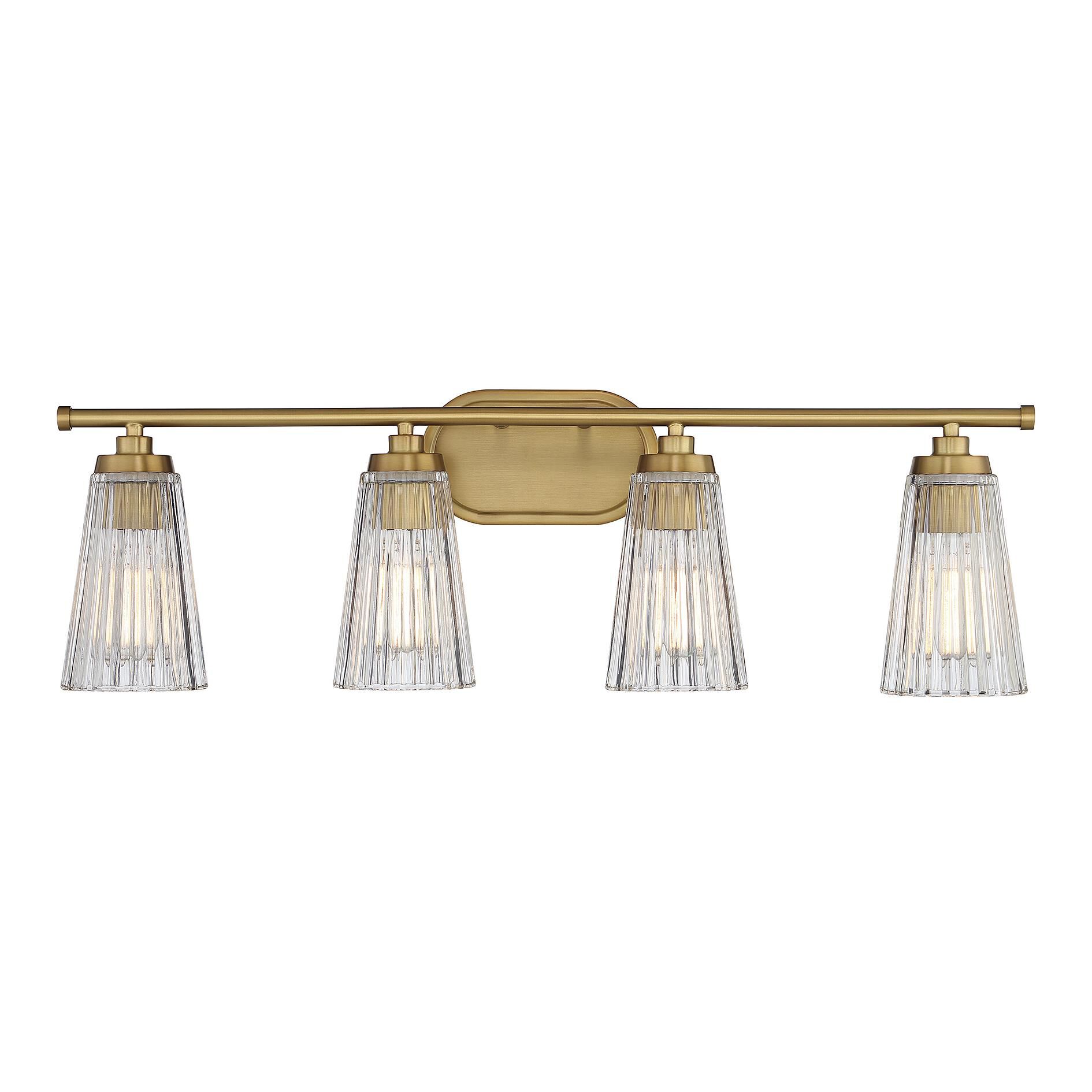 Shown in Warm Brass finish and Clear Ribbed glass and Glass shade