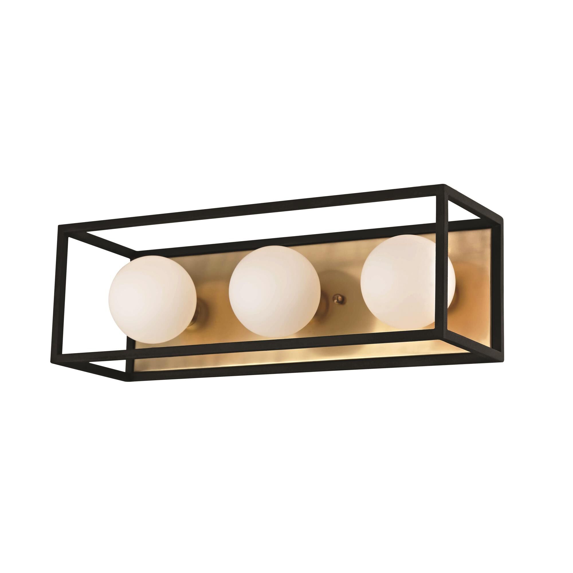 Shown in Aged Brass finish and Opal Etched glass and Black accent