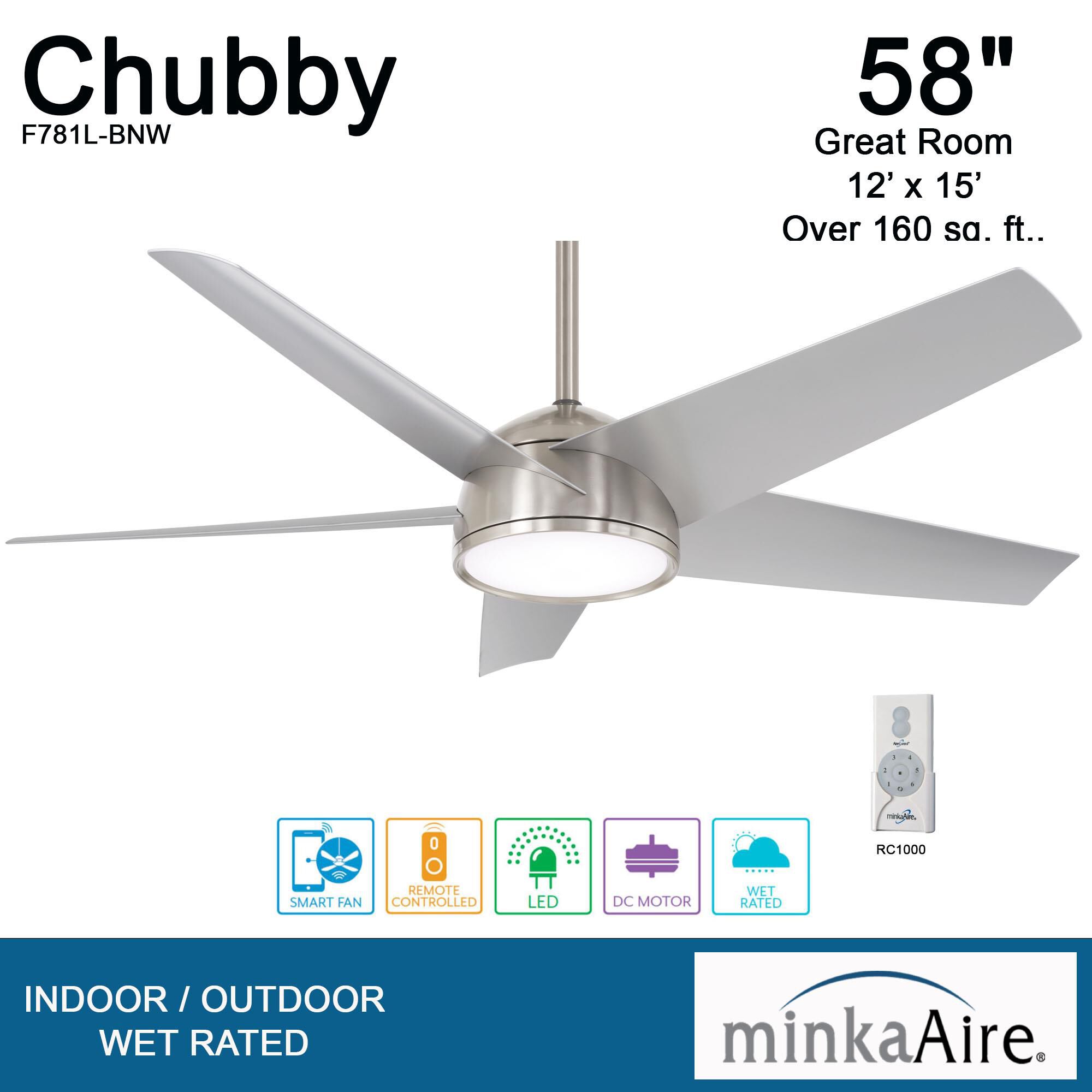Chubby Outdoor Rated 58 Inch Ceiling Fan with Light Kit by Minka Aire