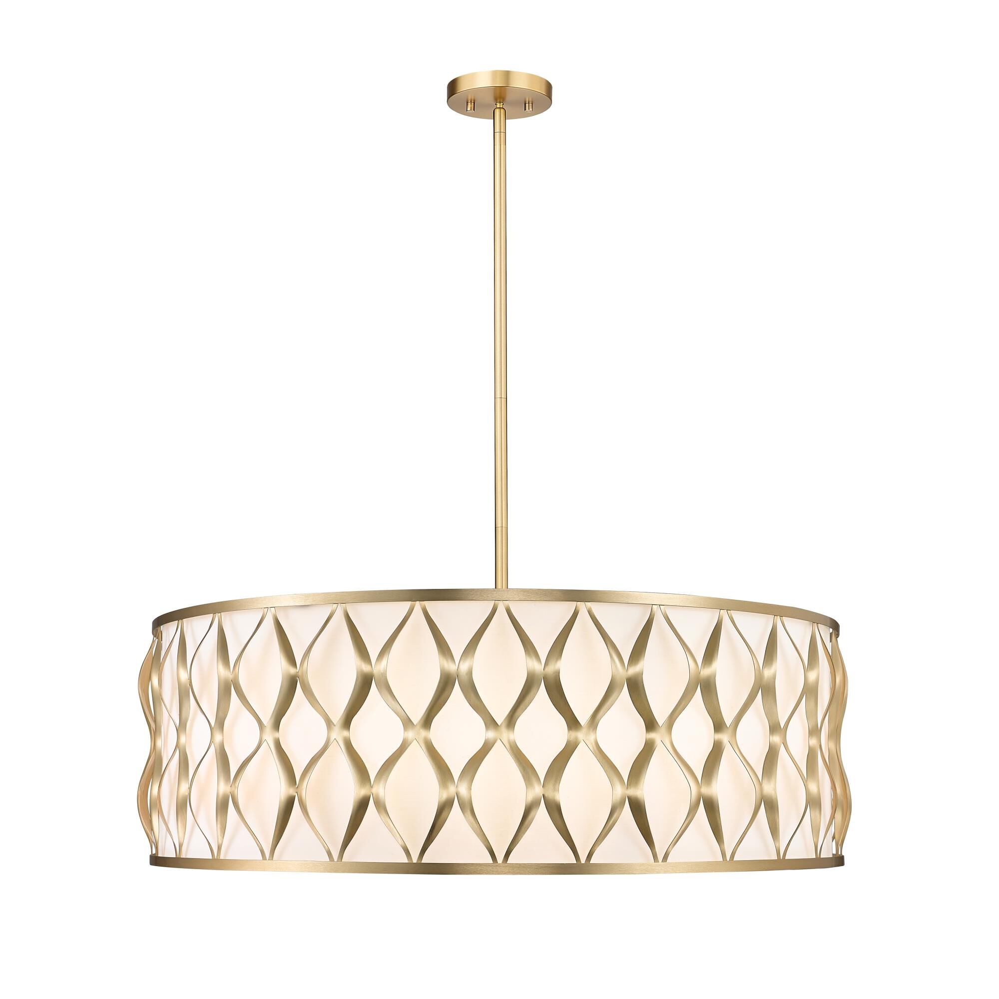 Shown in Modern Gold finish and White glass and White shade