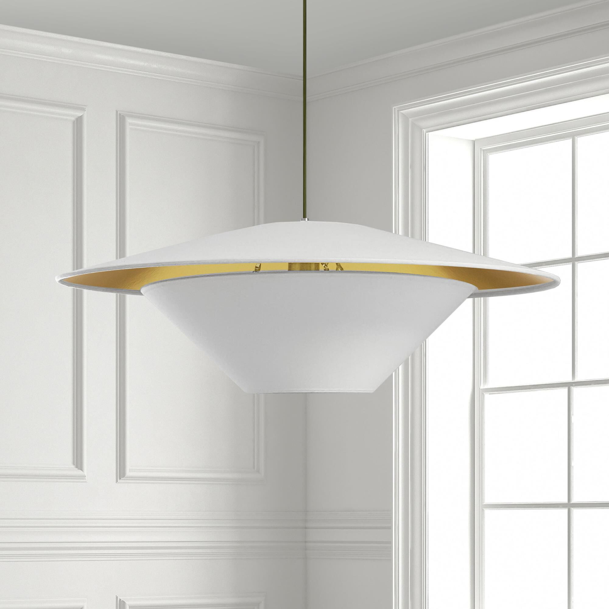 Shown in Aged Brass and White finish and White Fabric Tapered Drum shade