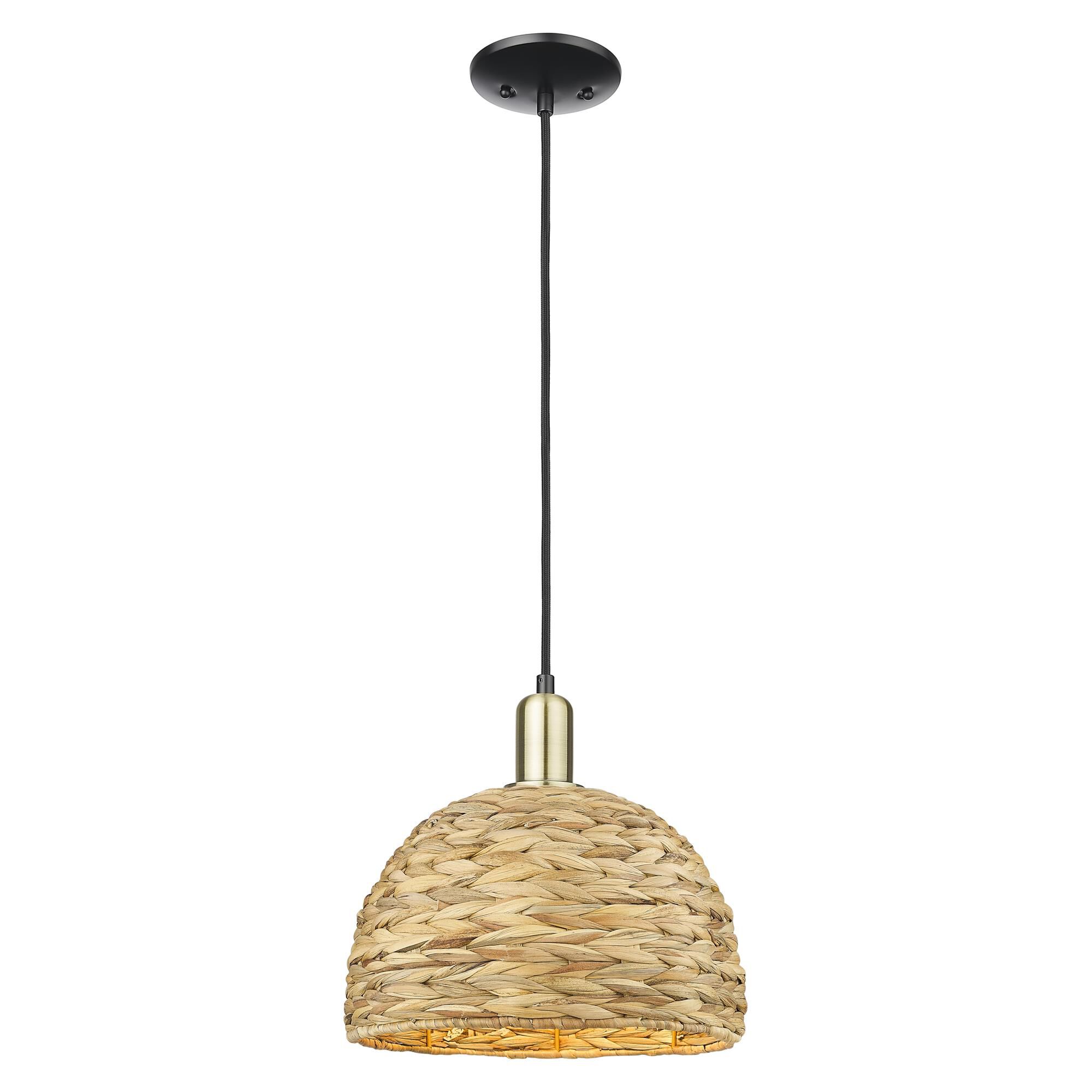 Shown in Black Antique Brass finish and Natural shade