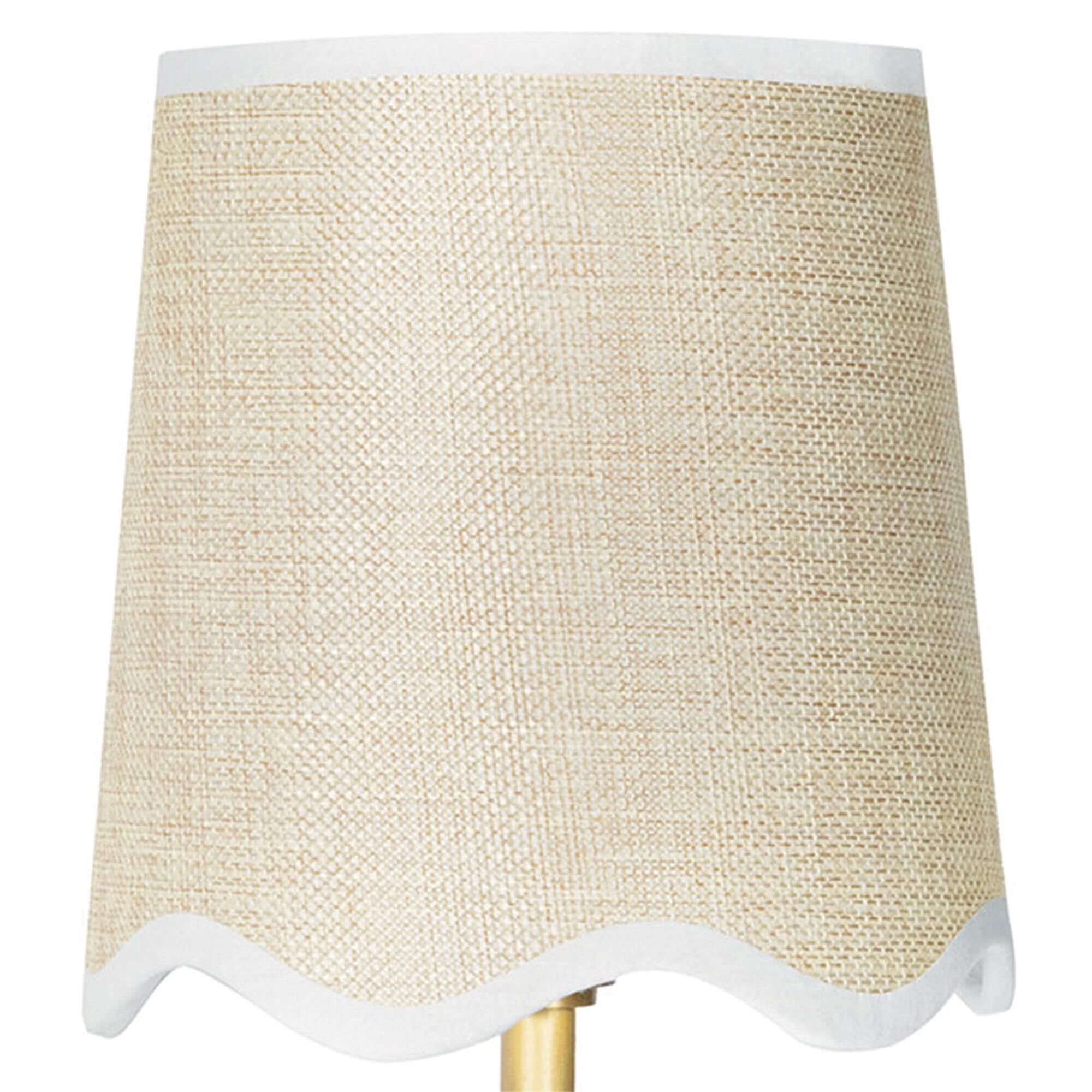 Shown in Natural Brass finish and Linen shade