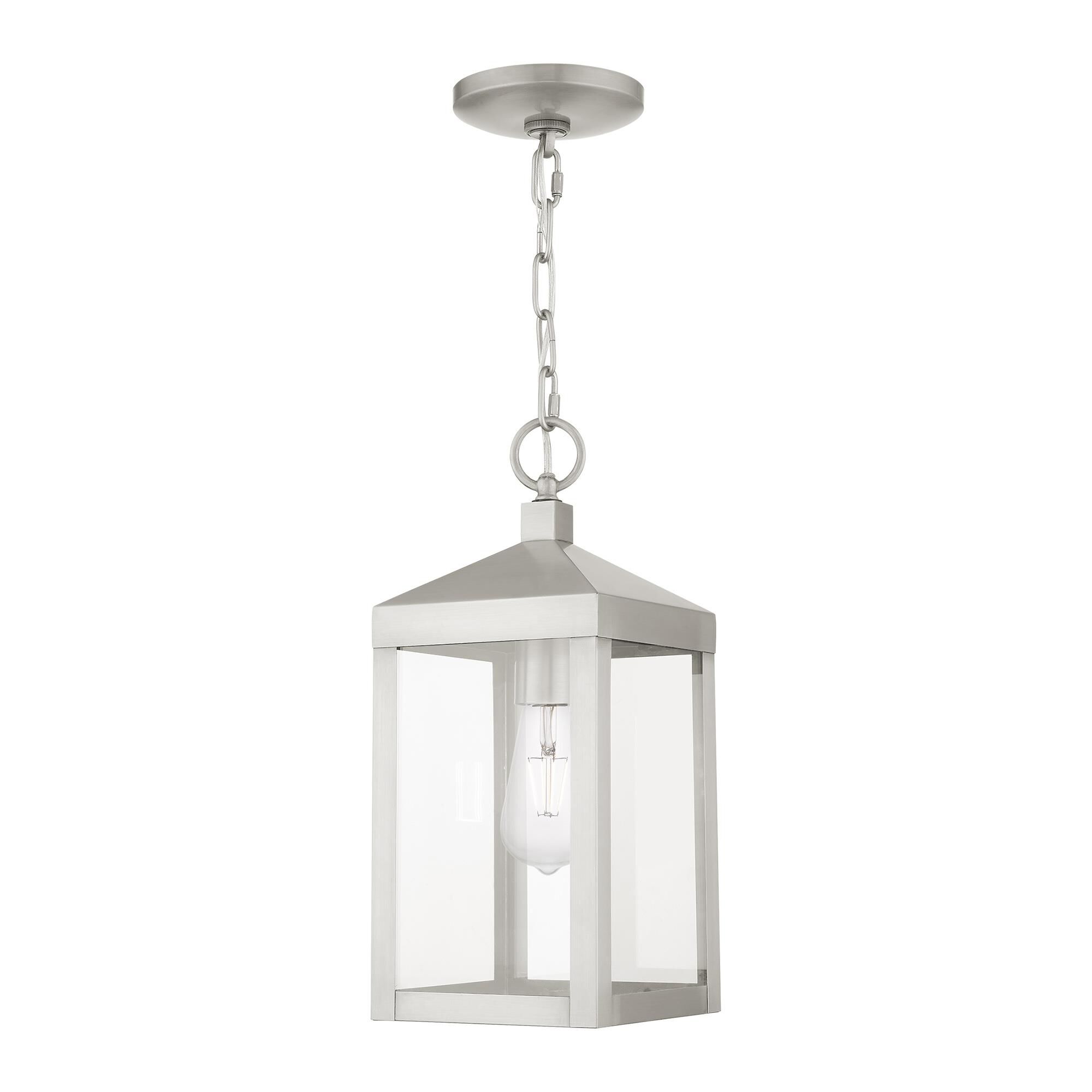 Shown in Brushed Nickel finish and Clear glass and Clear Glass shade