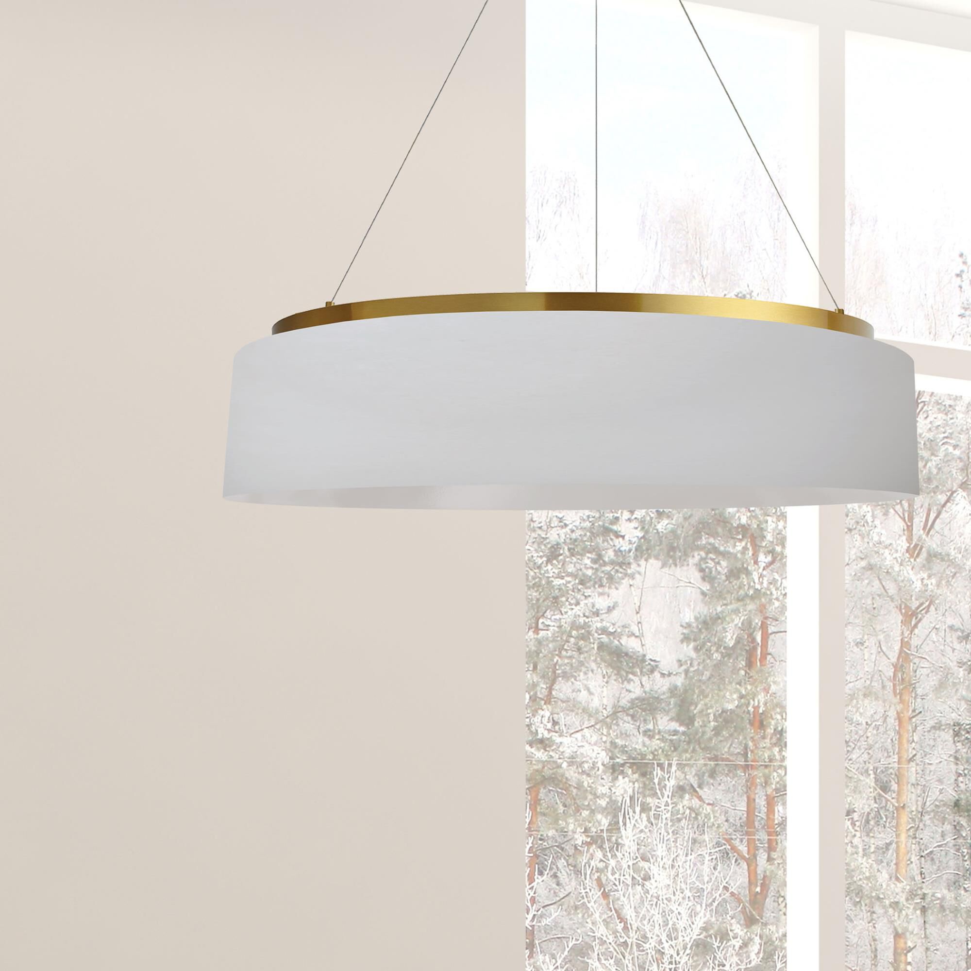 Shown in White and Aged Brass finish and White Fabric Drum shade