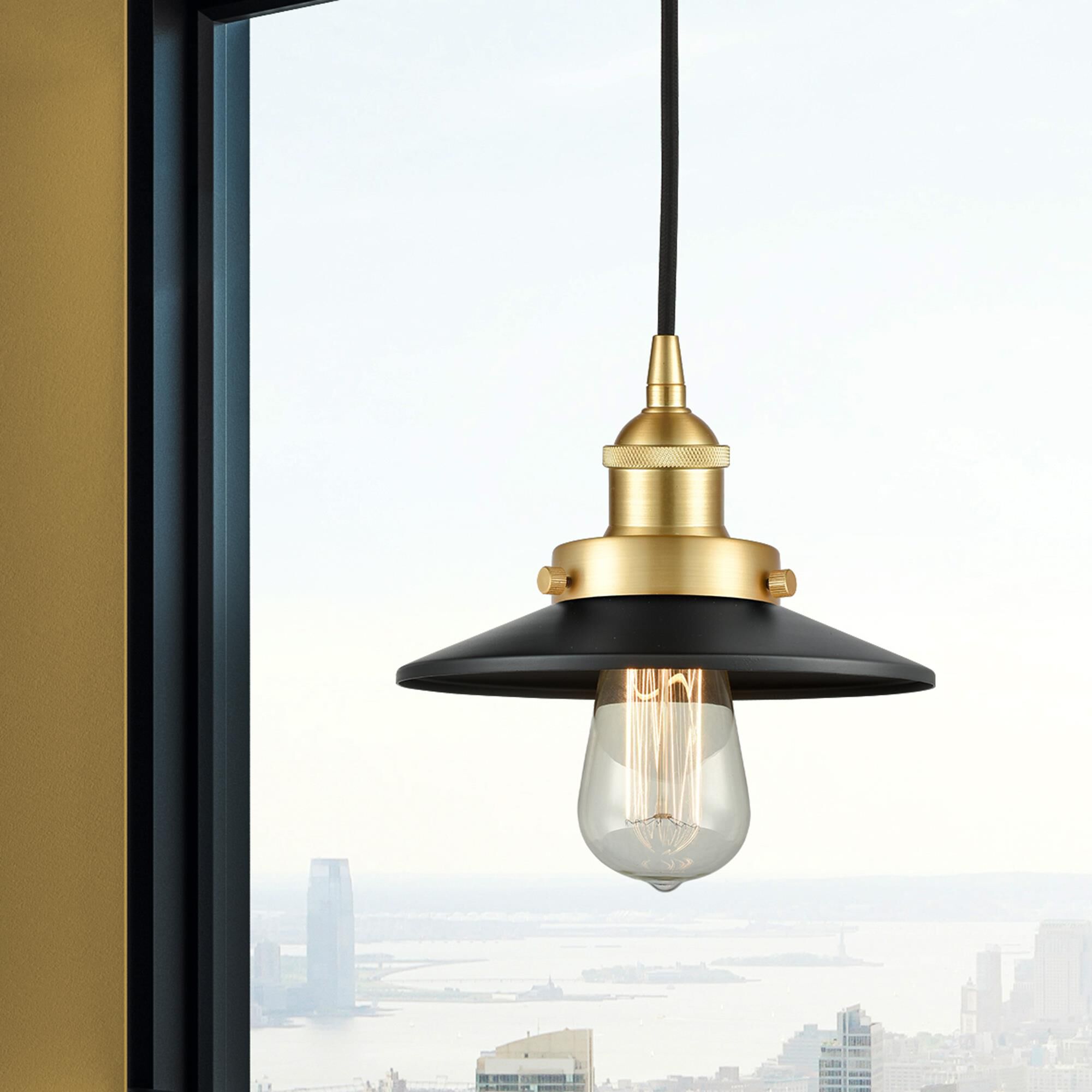 Shown in Satin Gold finish and Satin Gold Railroad shade