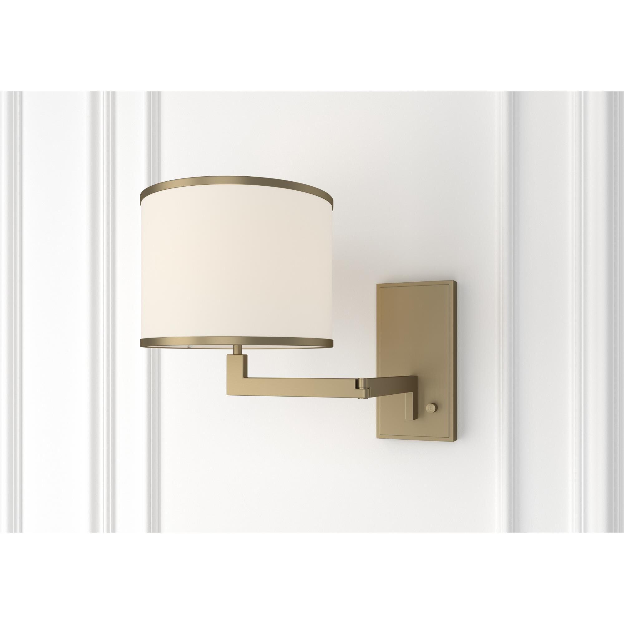 Shown in Aged Brass finish and Fabric glass and White shade