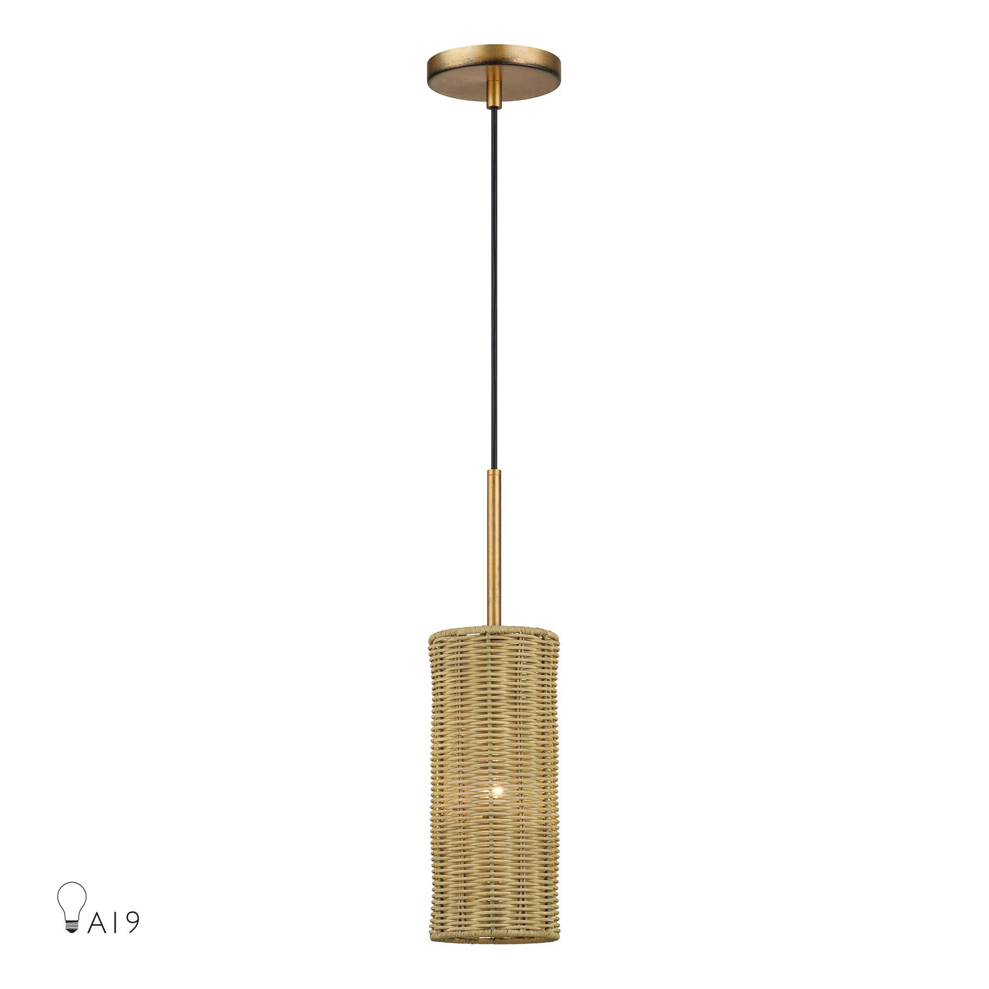 Shown in Antique Gold Leaf finish and Hand-Woven Rustic Walnut Color Rattan shade