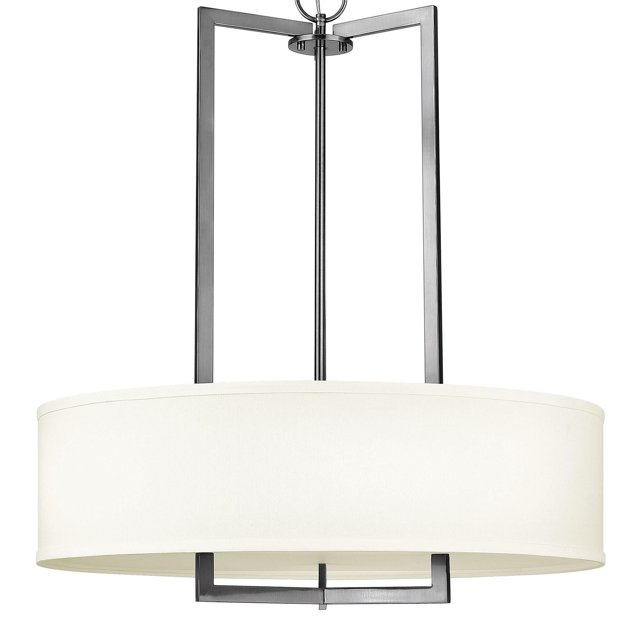 Shown in Antique Nickel finish and Off-White Linen Hardback shade