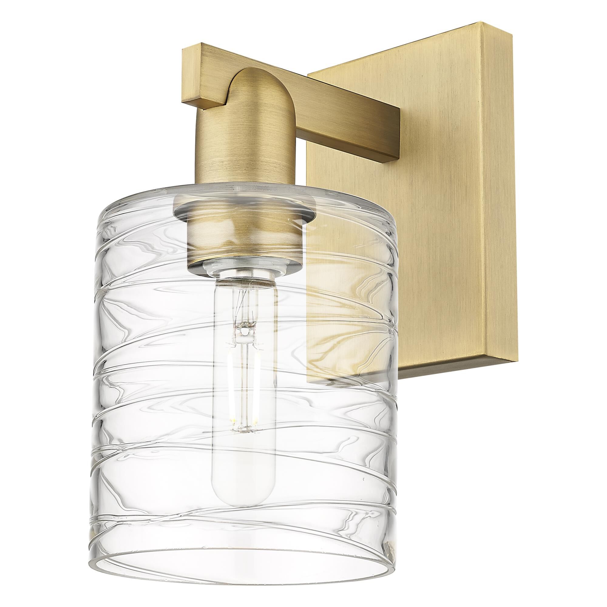 Shown in Brushed Brass finish and Deco Swirl glass