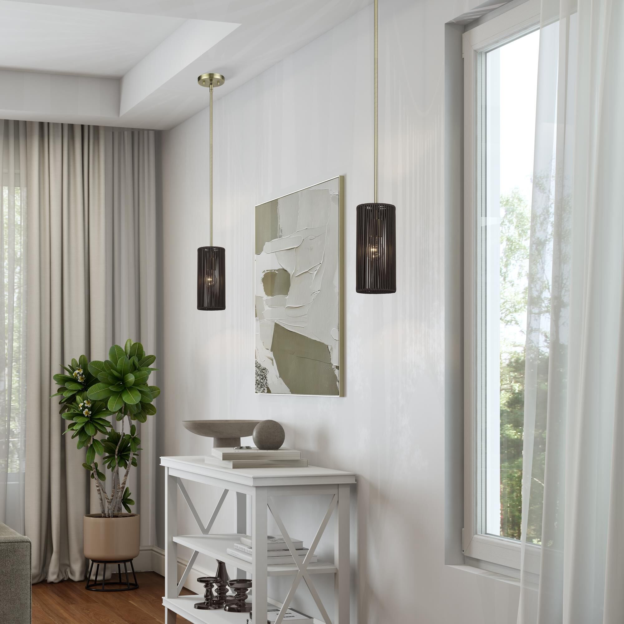 Shown in Antique Brass finish and Hand-Woven Dark Chocolate Color Polyester Rope shade