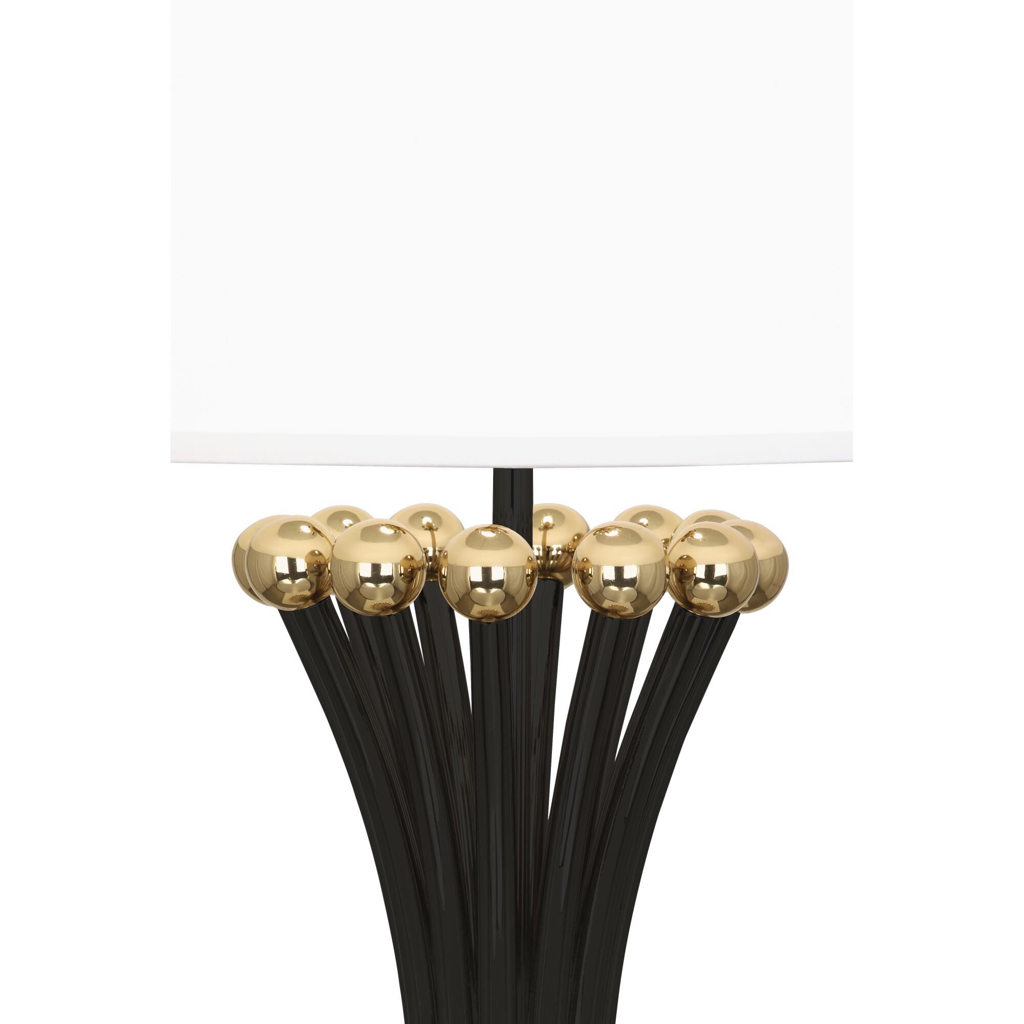 Shown in Blackened Metal  With Polished Brass Accents finish and Ascot White Fabric shade