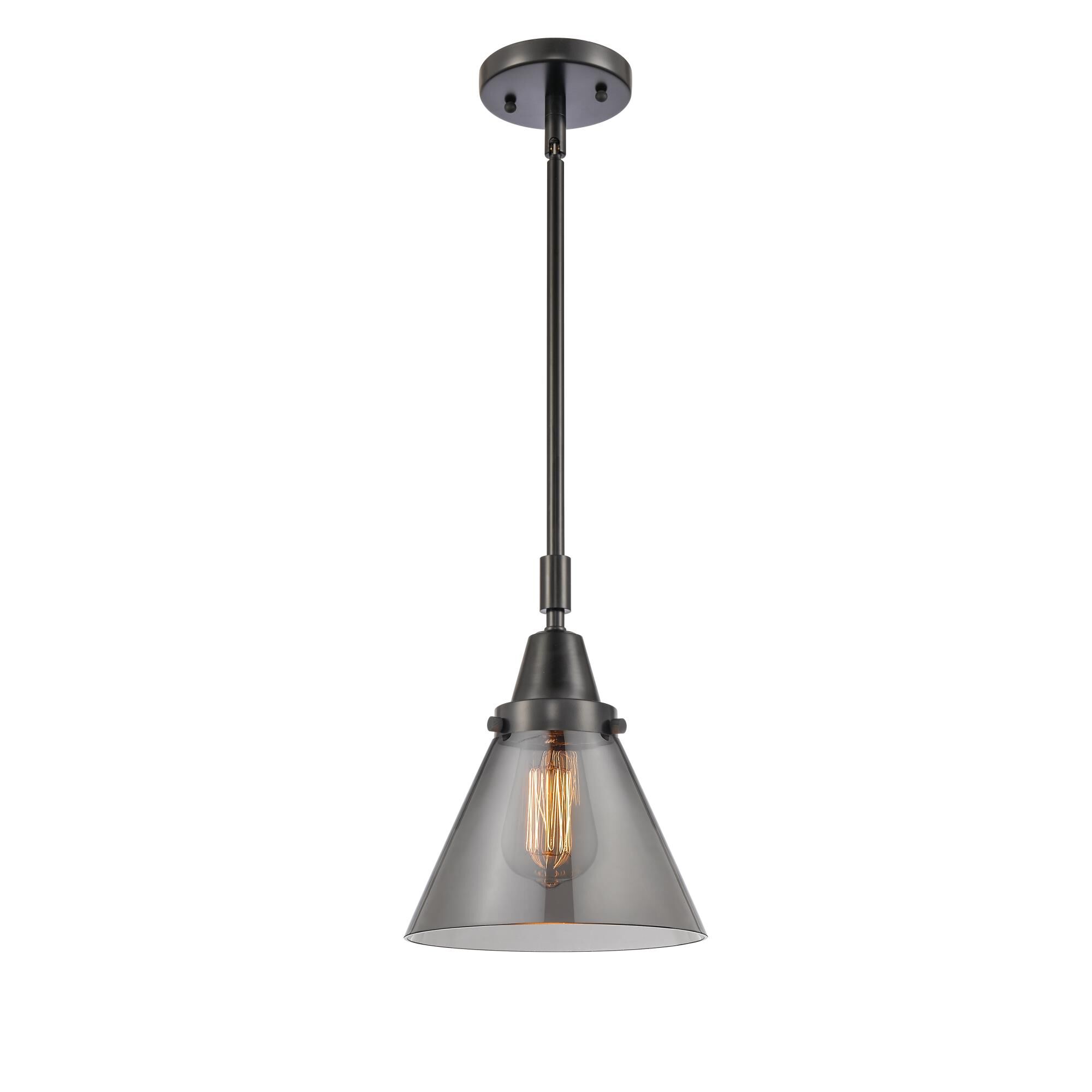 Shown in Matte Black finish and Plated Smoke Large Cone glass