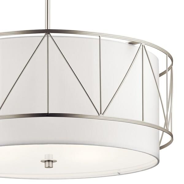 Shown in Satin Nickel finish and Satin Etched glass and White Fabric shade