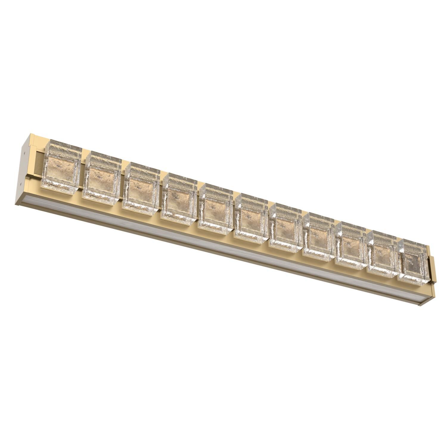 Shown in Gilded Brass finish and Smooth Seeded glass and Light Oak accent