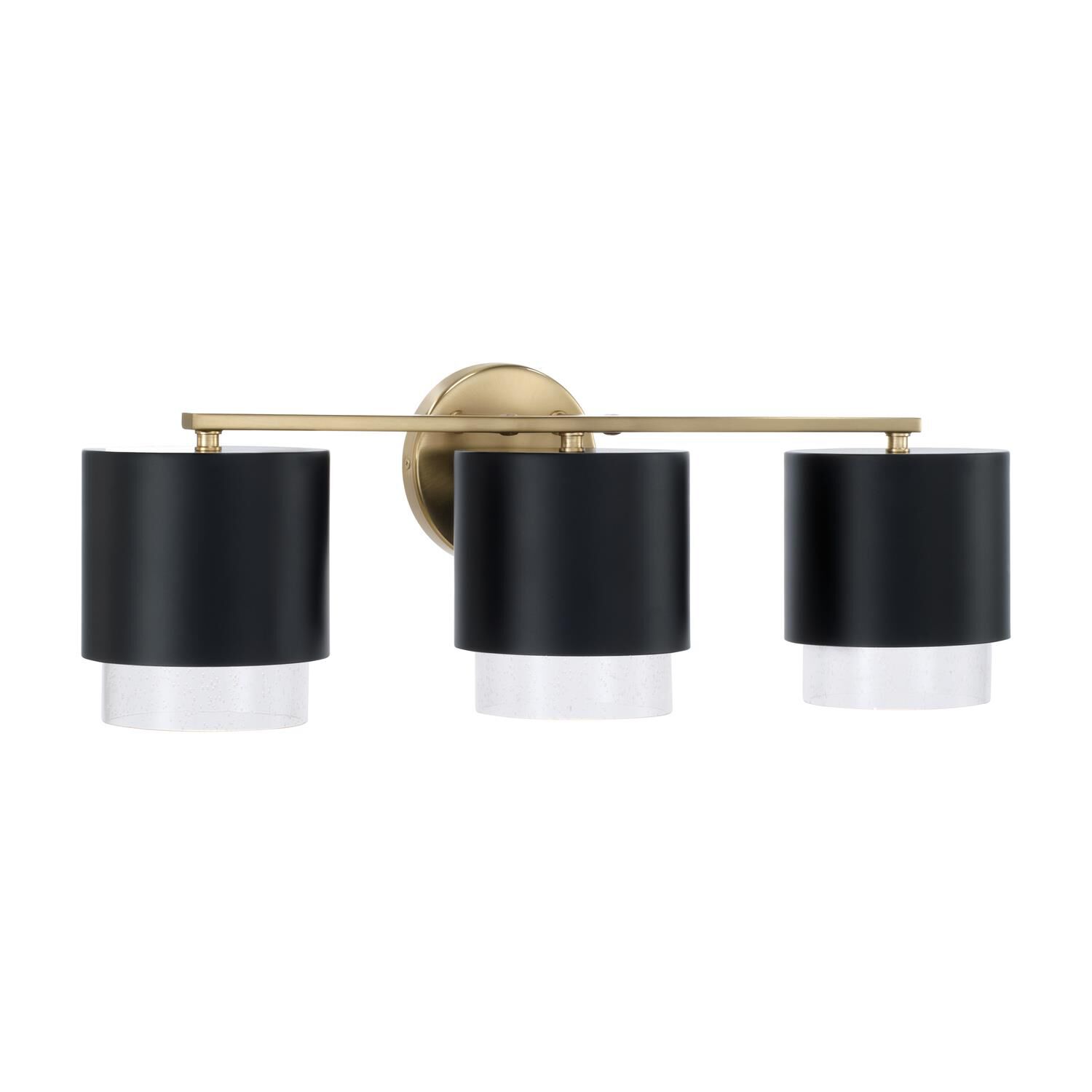 Shown in Matte Brass and Black finish and Clear Seeded glass and Metal with Brass Interior shade