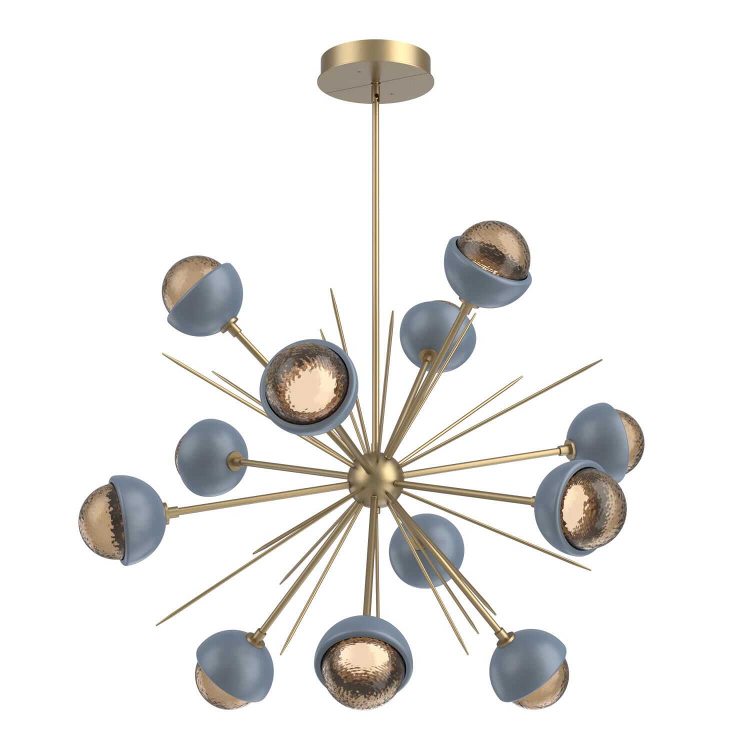 Shown in Gilded Brass finish and Bronze glass and Poppy Blue accent