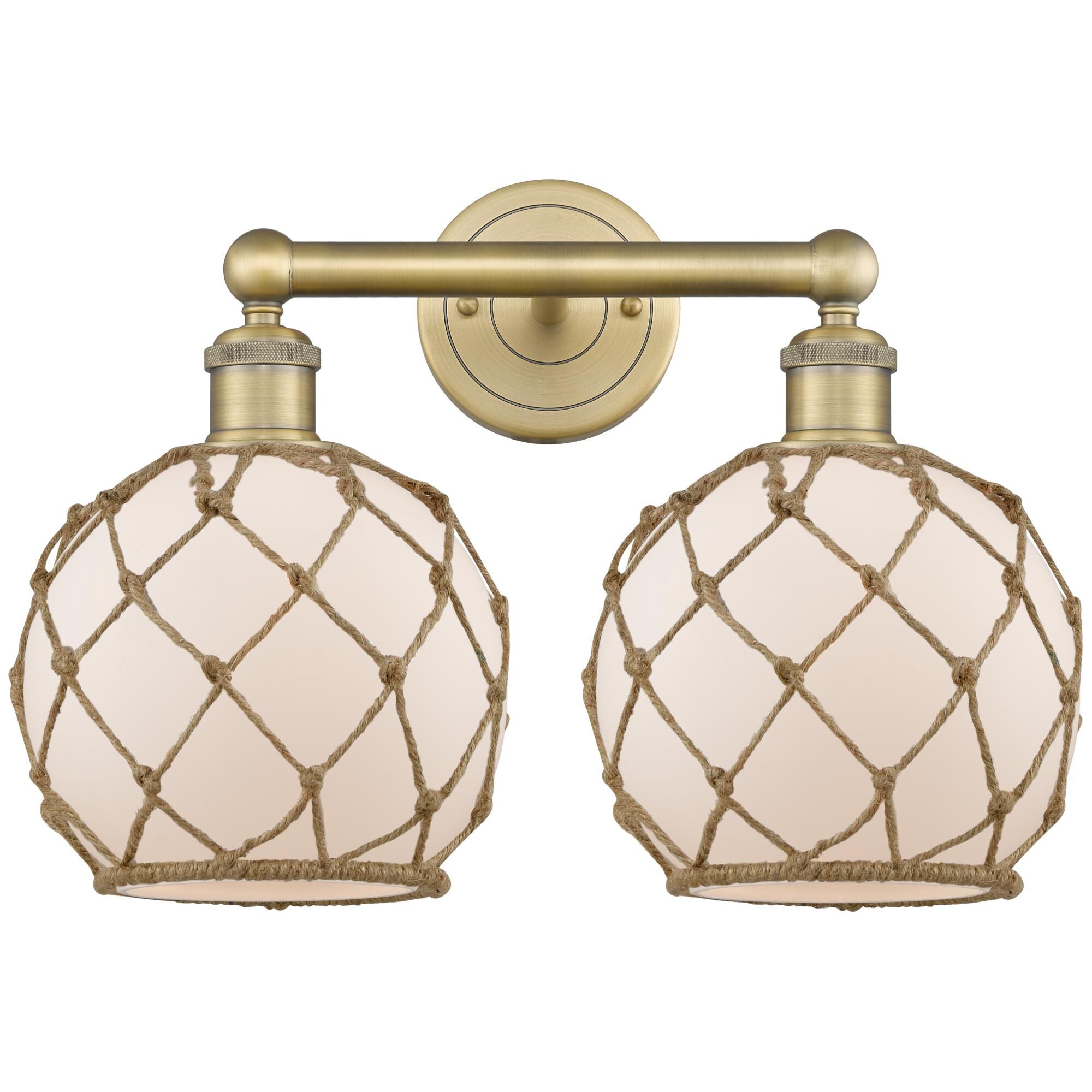 Shown in Brushed Brass finish and White with Brown Rope glass