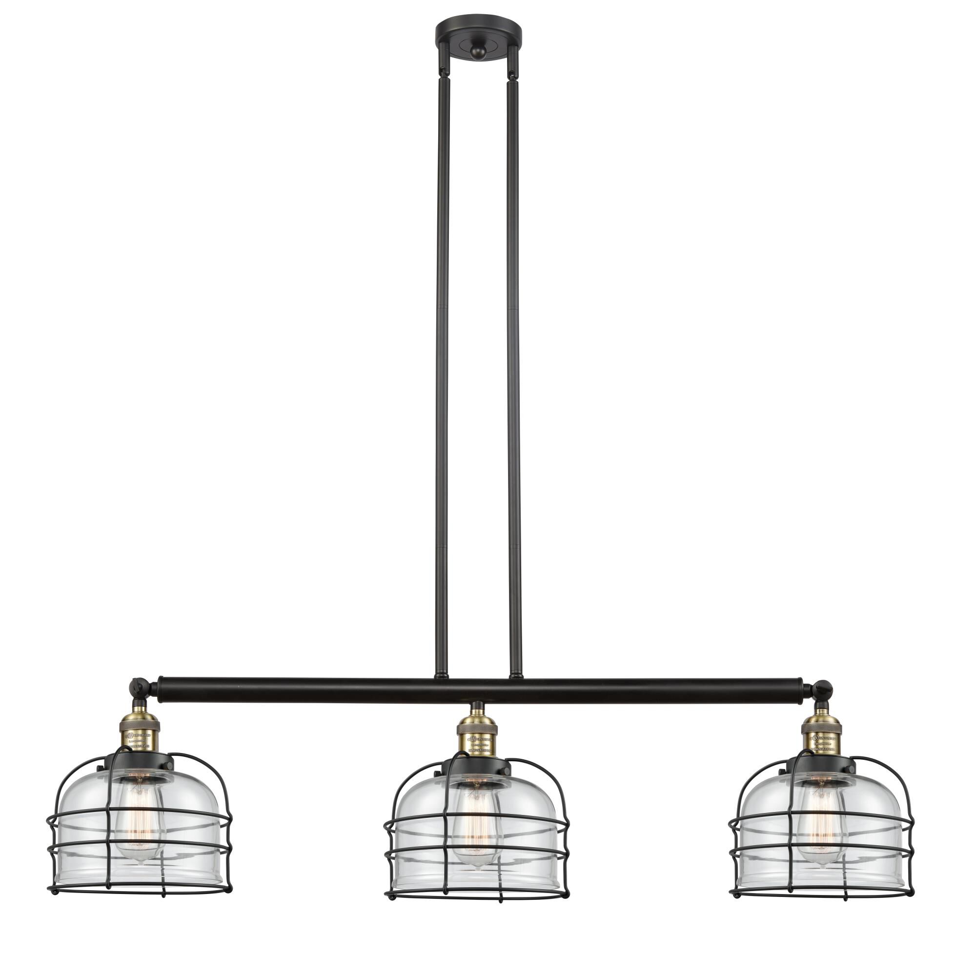 Shown in Black Antique Brass finish and Clear Large Bell Cage glass and Matte Black accent