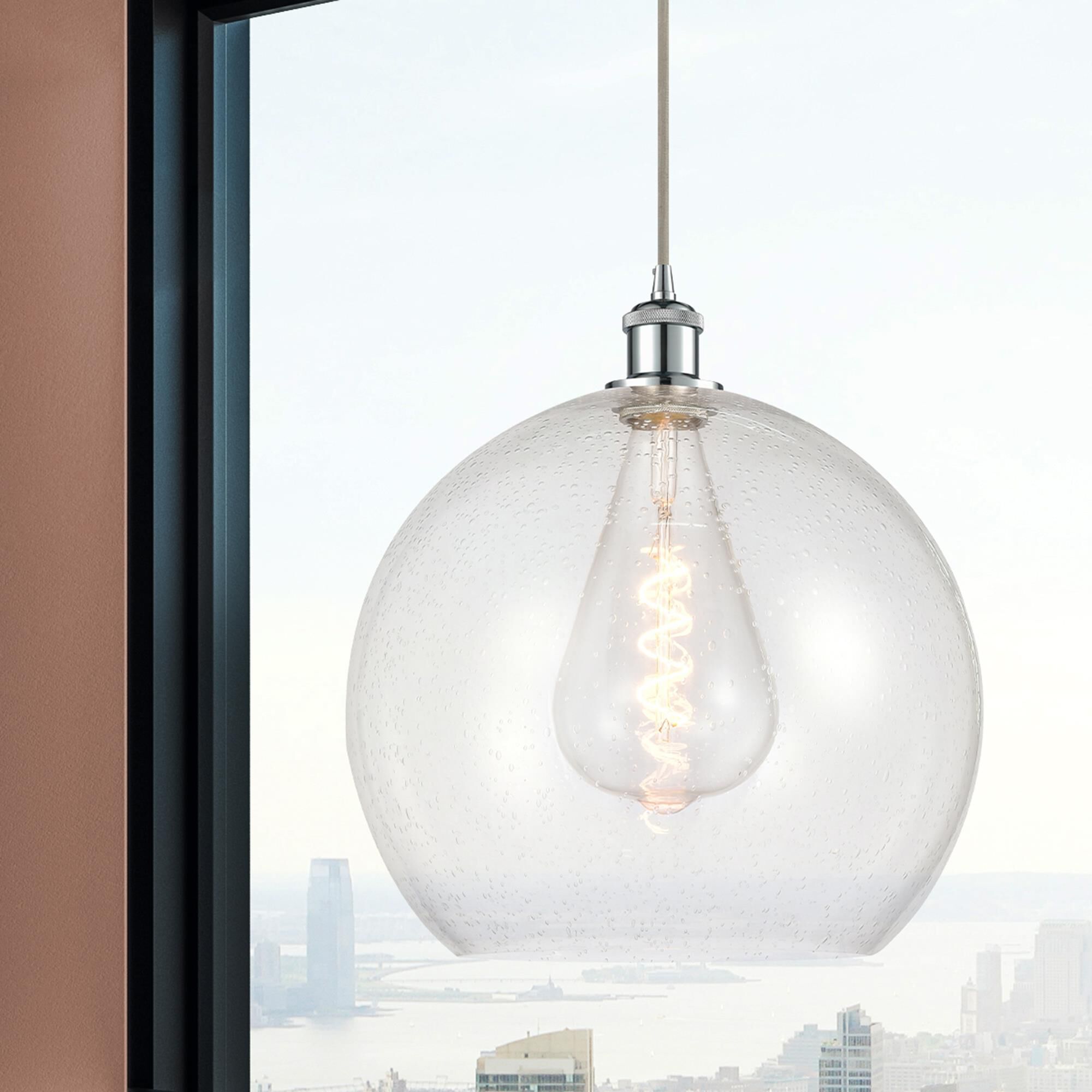 Shown in Polished Chrome finish and Seedy glass