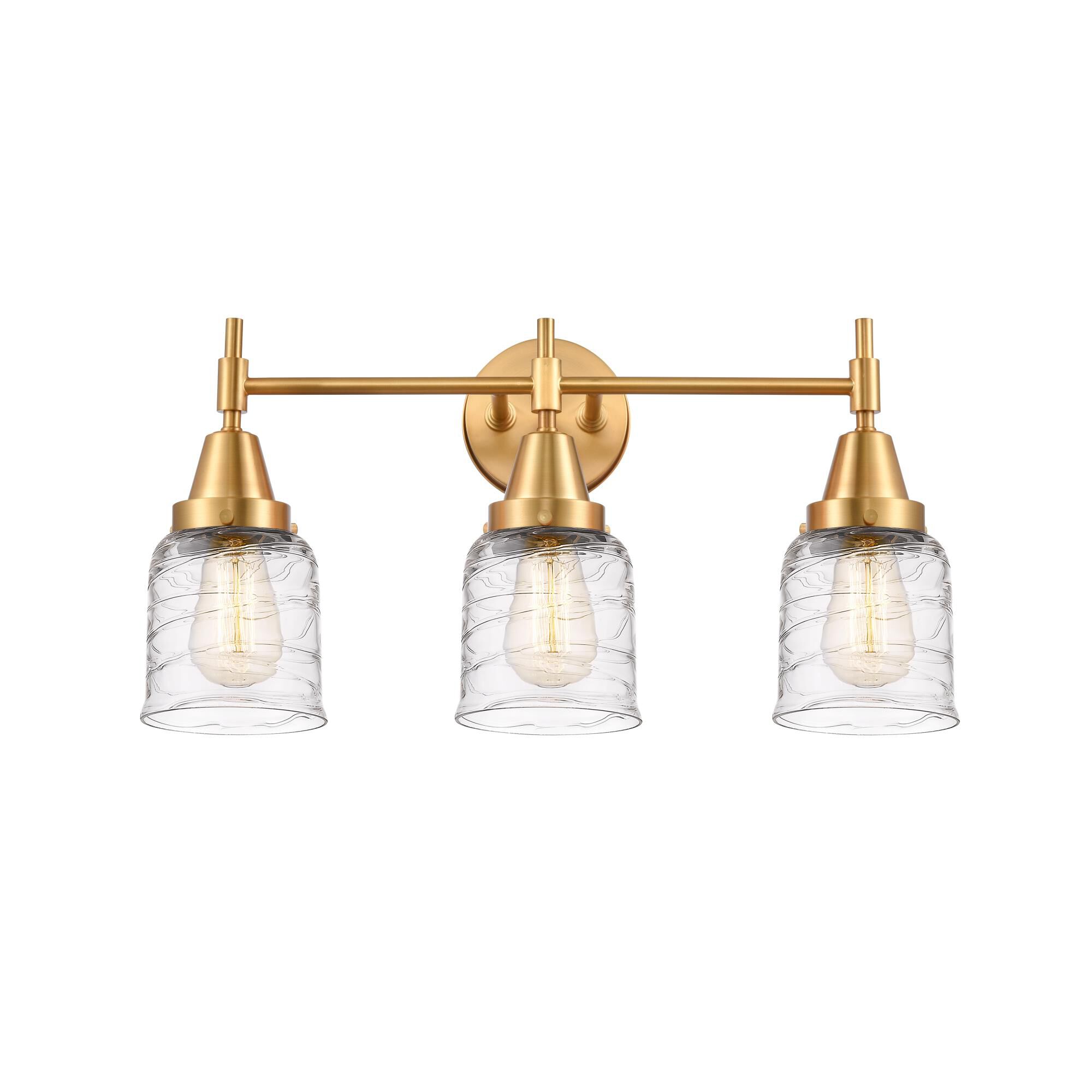 Shown in Satin Gold finish and Clear Deco Swirl Small Bell glass