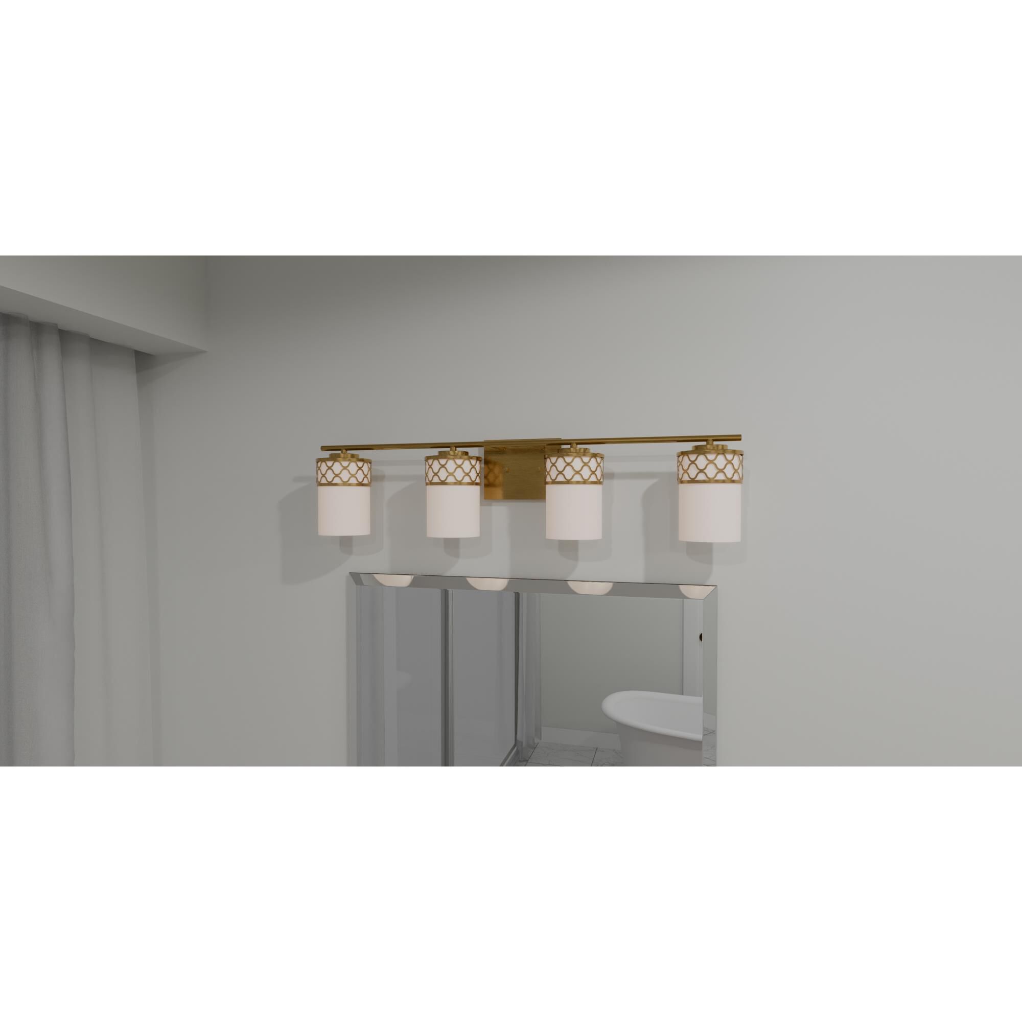 Shown in Aged Brass finish and Opal Etched glass