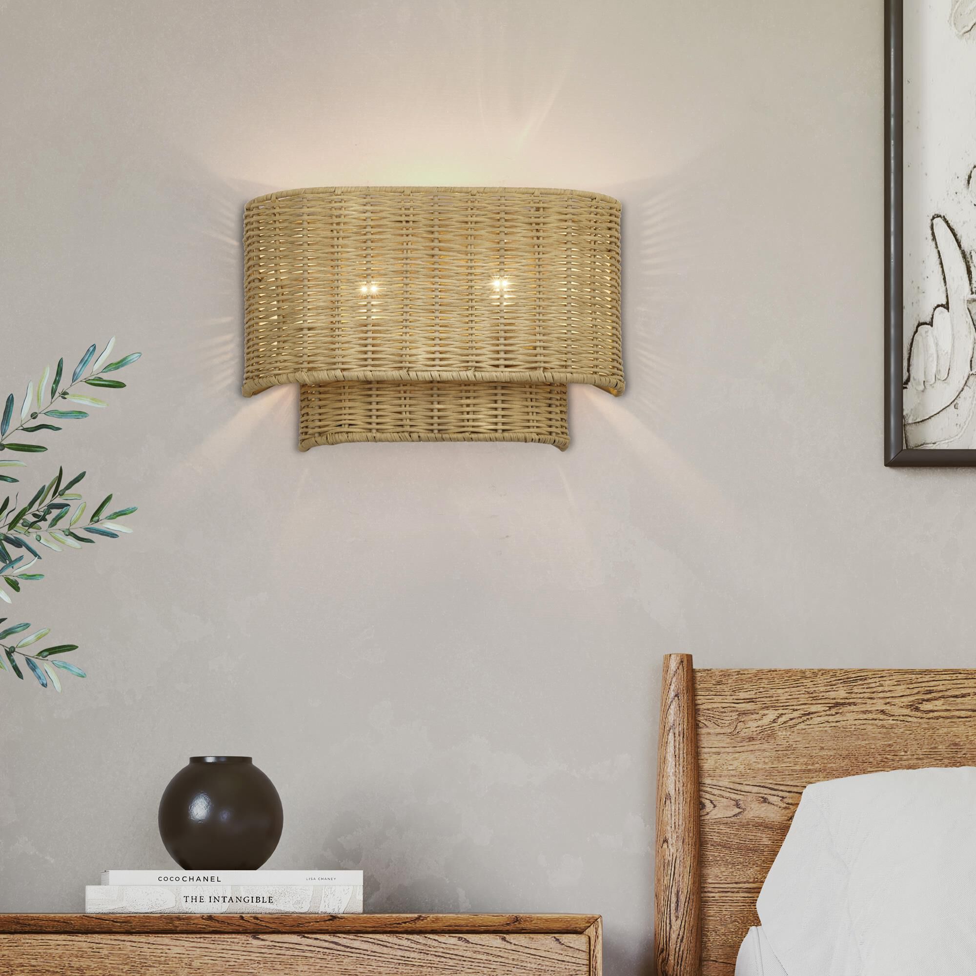 Shown in Antique Gold Leaf finish and Hand-Woven Rustic Walnut Color Rattan shade