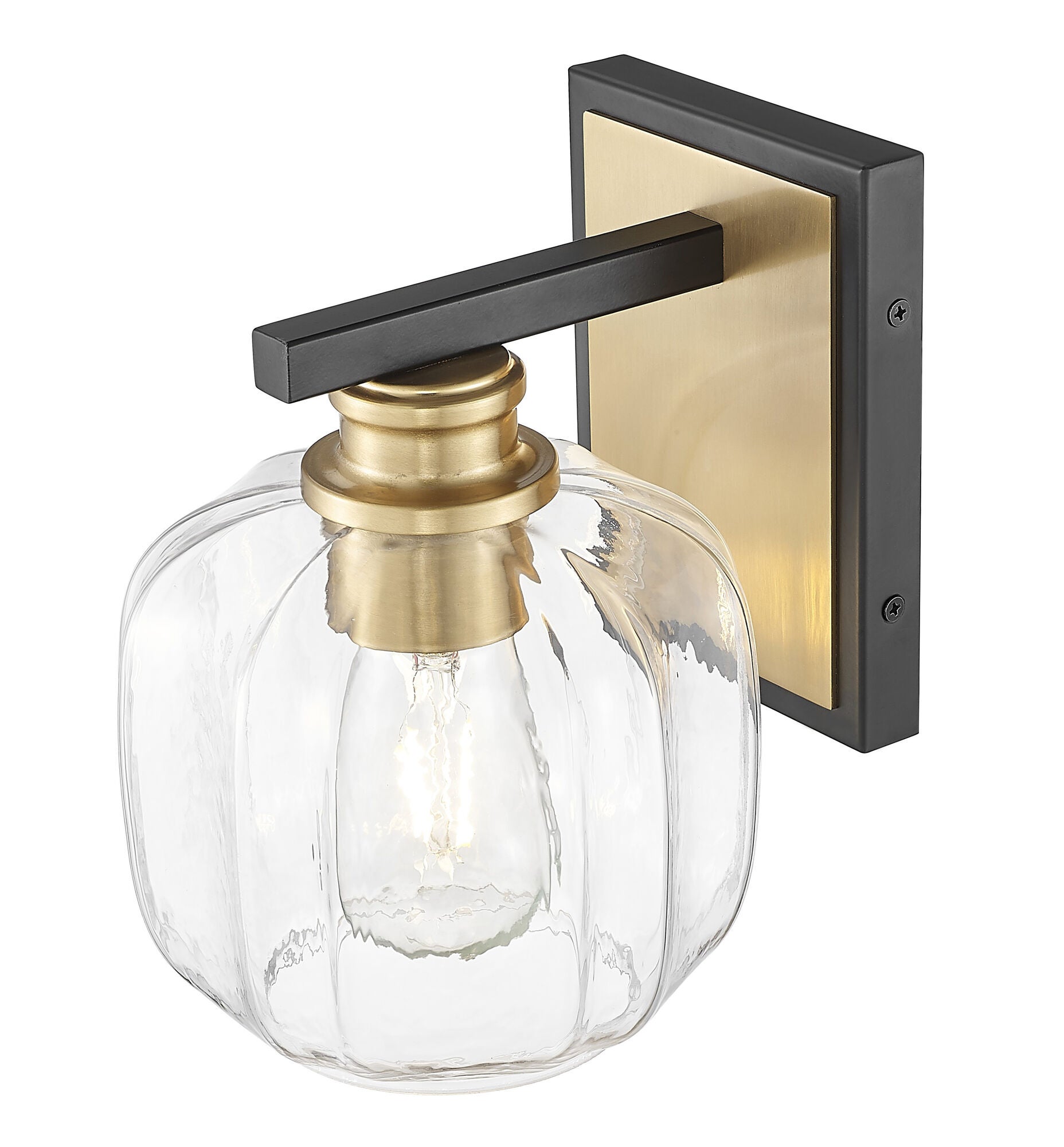 Shown in Matte Black And Brass finish and Clear Glass Globe shade