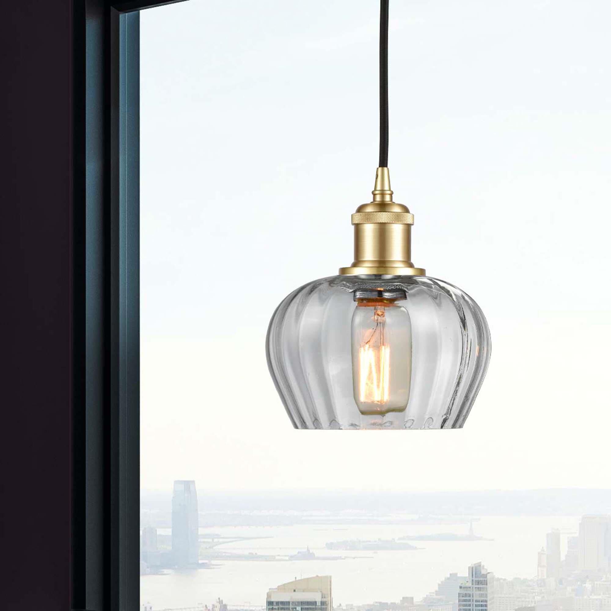 Shown in Satin Gold finish and Clear Fenton glass and Matte Black Smithfield shade and Polished Chrome accent