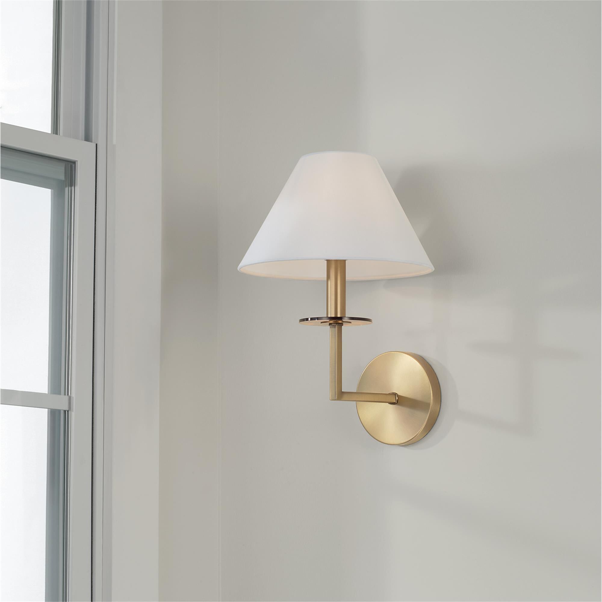 Shown in Aged Brass finish and White Fabric Stay-Straight shade