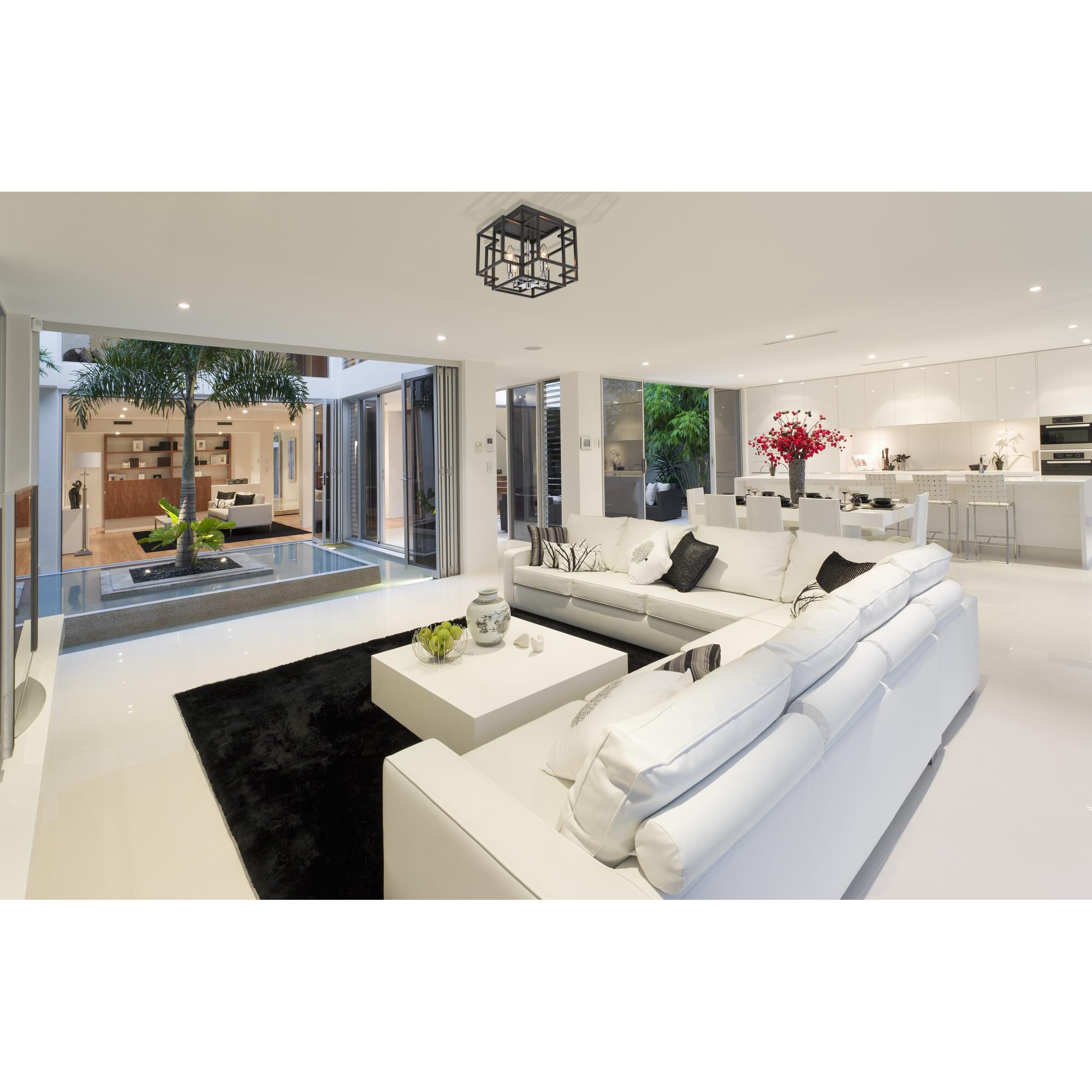 Shown in Black + Chrome finish and --- glass and --- shade