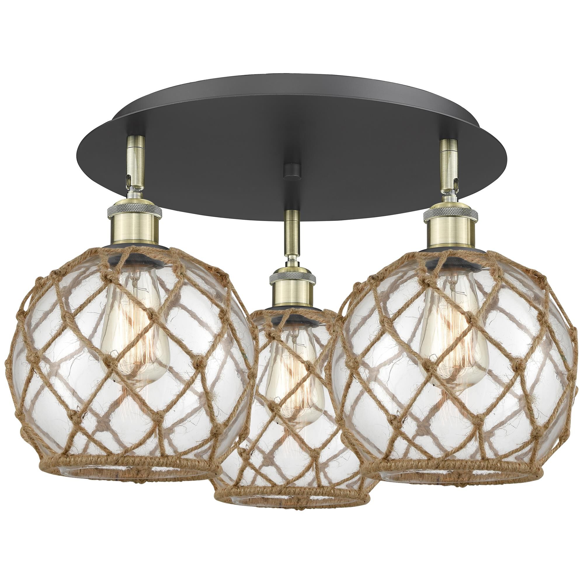 Shown in Black Antique Brass finish and Clear with Brown Rope glass