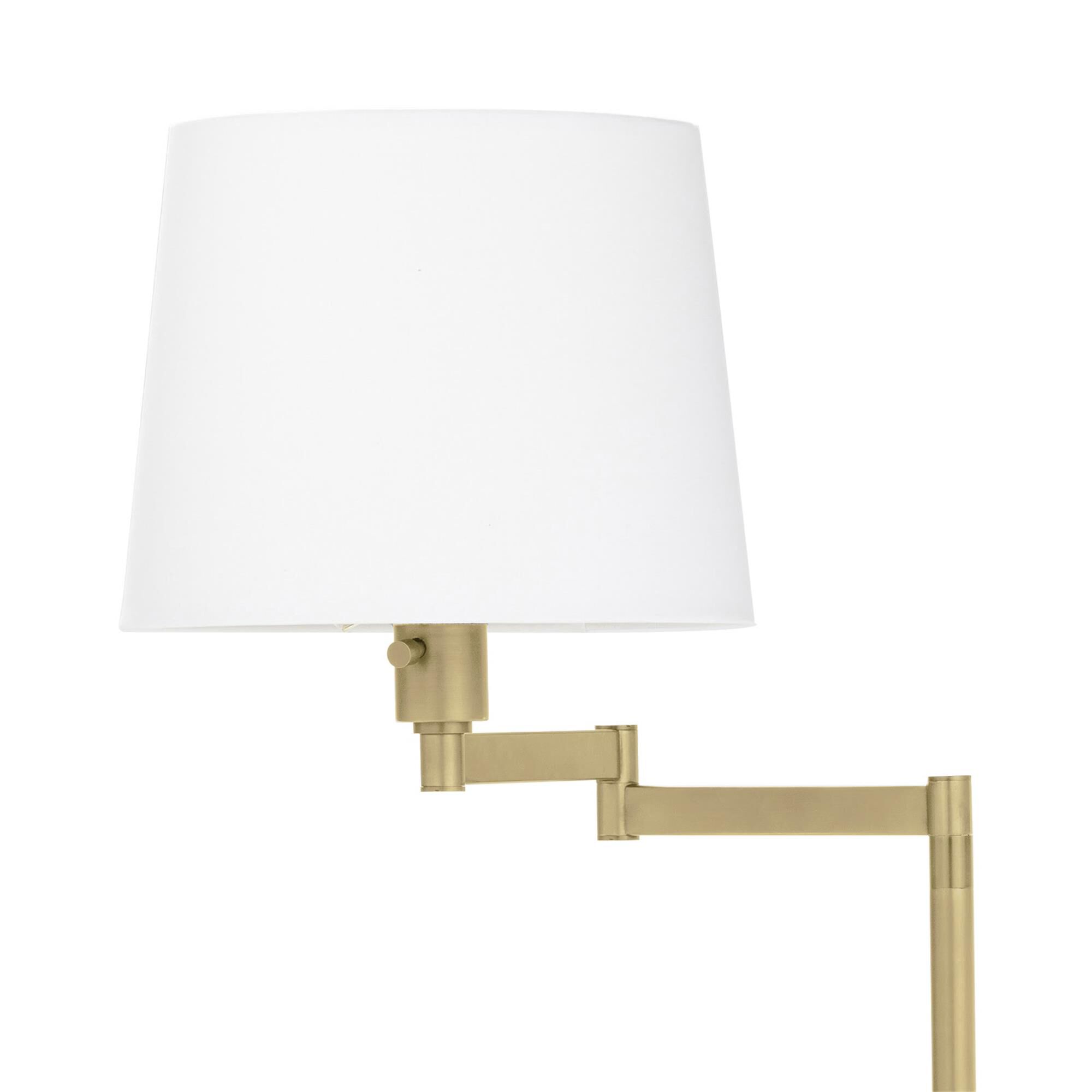 Shown in Natural Brass finish and Linen shade