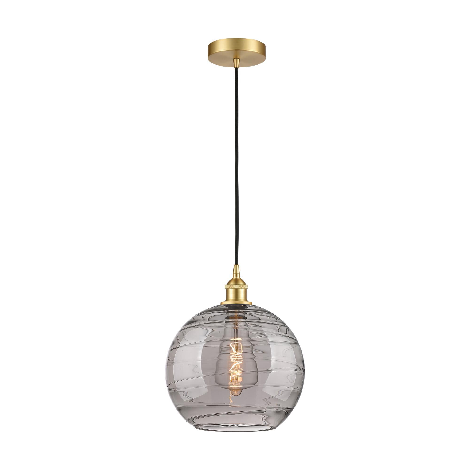 Shown in Satin Gold finish and Light Smoke Deco Swirl glass